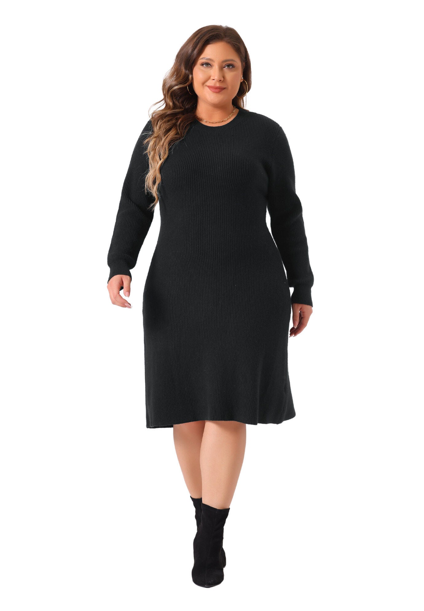 Crew Neck Long Sleeve Knit Pullover Sweater Dress, Black / Black, hi-res image number 0