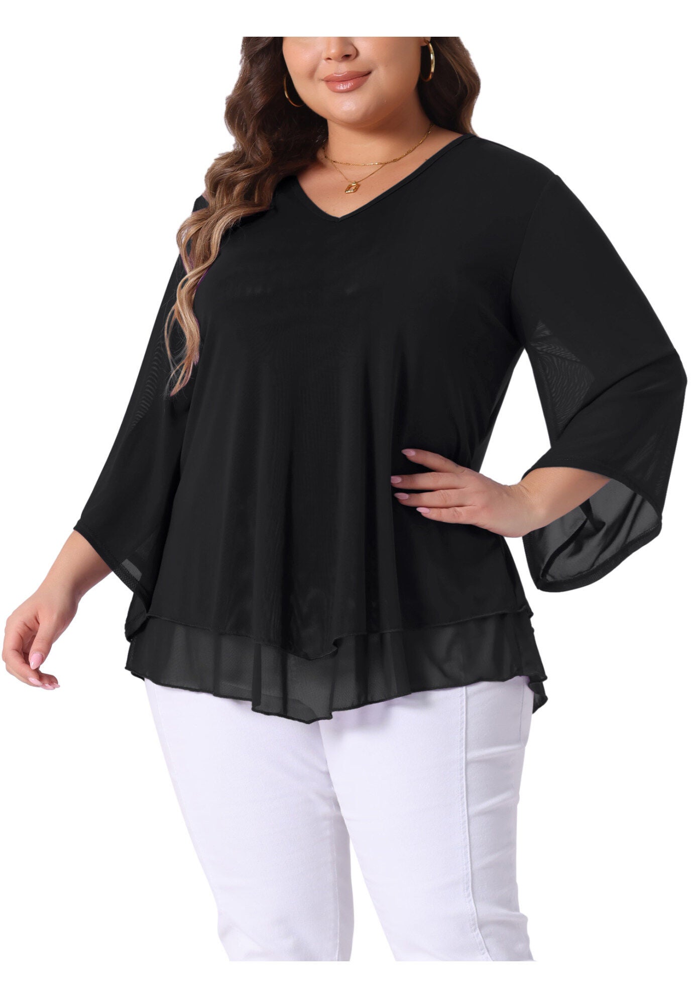 3/4 Sleeve Scoop Neck Double Layers Chiffon Blouse, Black / Black, alternate image number 2