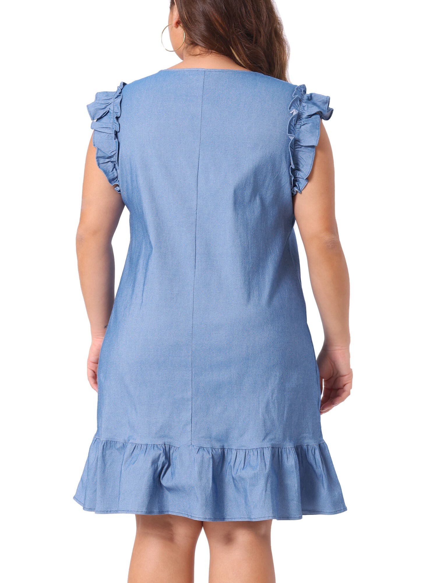 Summer Ruffle Hem Flared Short Sleeve V Neck Chambray Dress, Light Blue / Light Blue, alternate image number 3