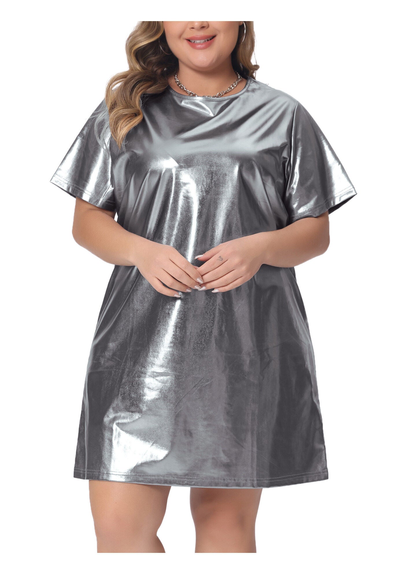 Metallic Round Neck Short Sleeve Loose Mini T-Shirt Dress, Silver / Silver, alternate image number 2
