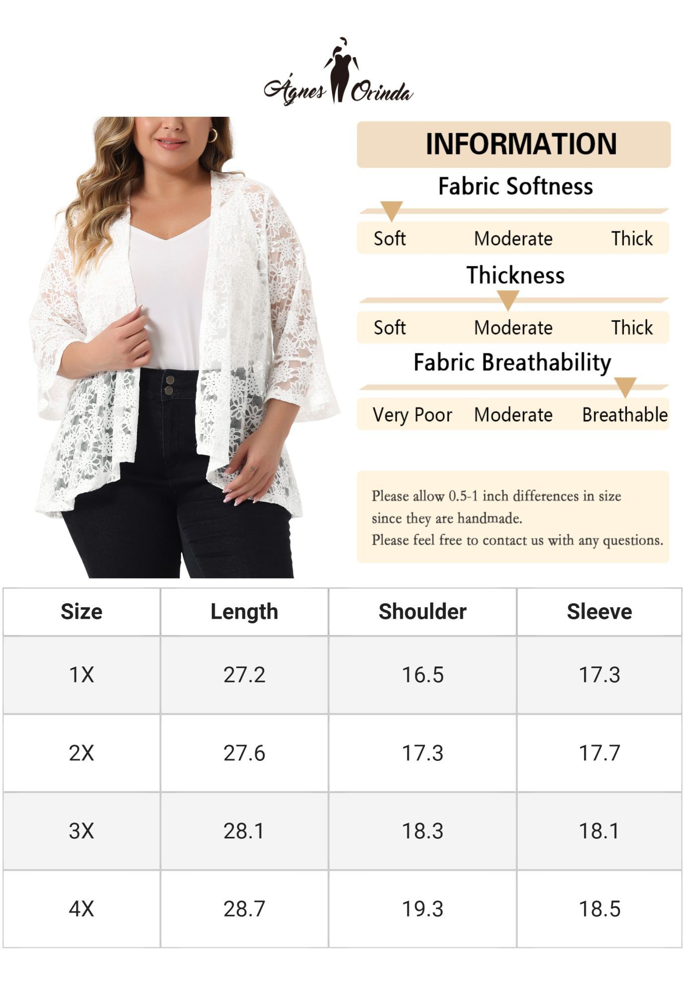 OPEN FRONT 3/4 BELL SLEEVE SHEER LIGHTWEIGHT LACE COVER UP CARDIGAN, White / White, alternate image number 4