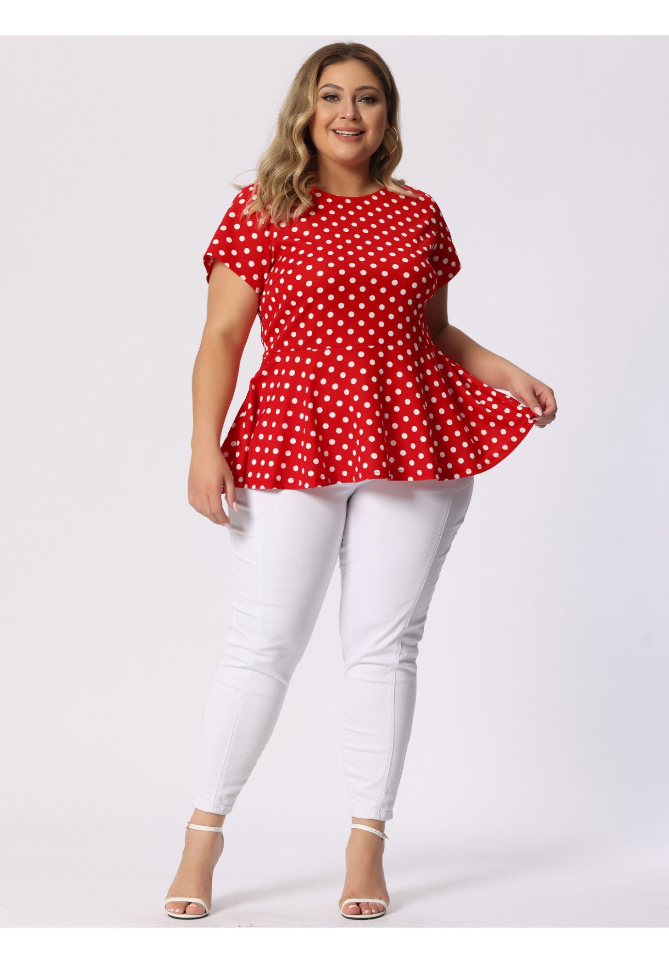 Casual Short Sleeve Polka Dots Peplum Tops Shirts, Red / Red, hi-res image number 0