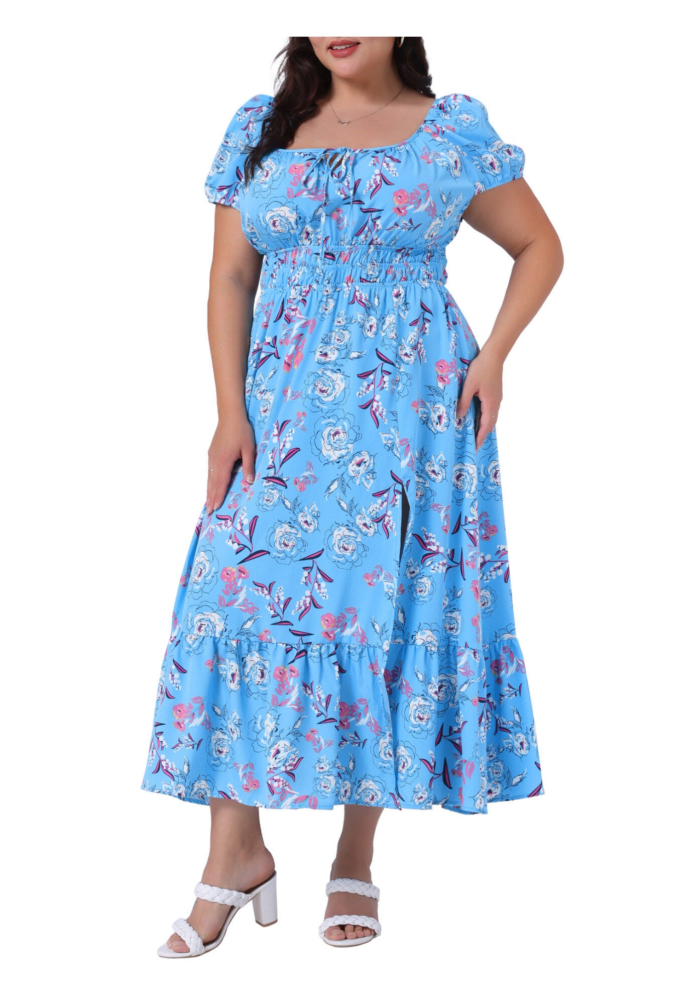 Square Neck Floral Short Sleeve Side Slit A Line Maxi Floral Dress, Blue / Light Blue, alternate image number 1