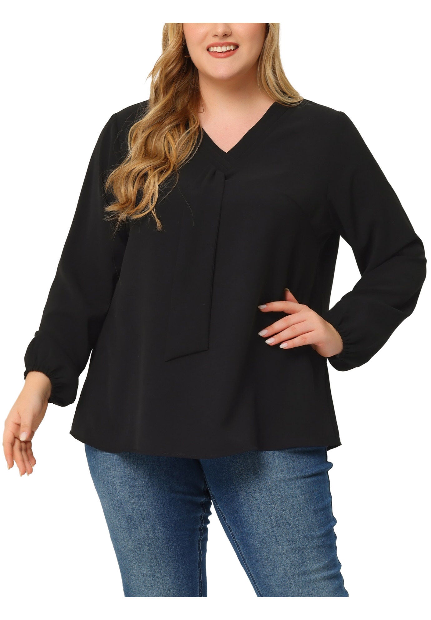 V Neck Long Sleeve Ruffle Tie Front Office Work Chiffon Blouse Top, Black / Black, alternate image number 1