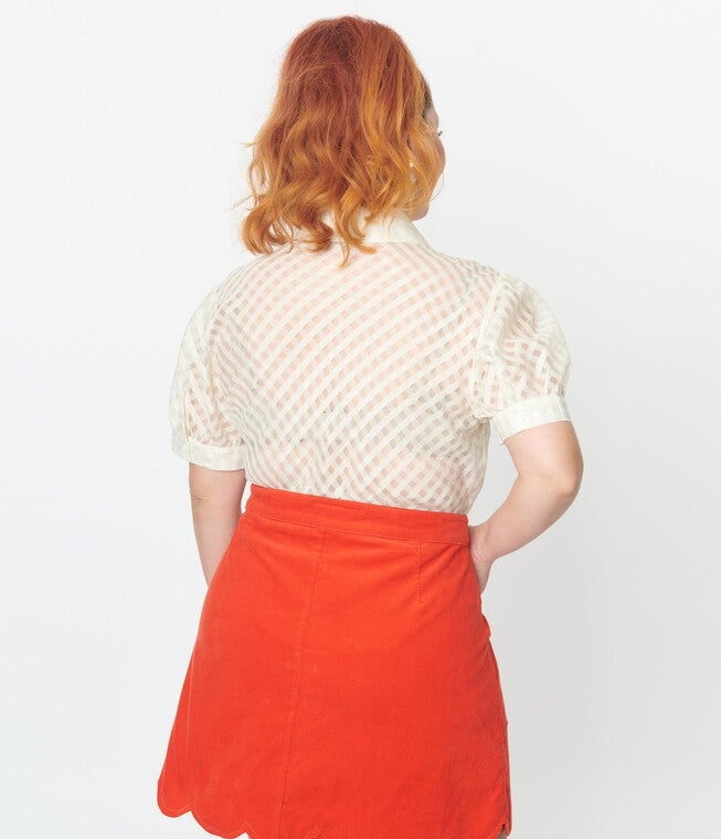 Smak Parlour Sheer Metallic Ivory Gingham Puff Sleeve Blouse, White / Ivory, alternate image number null