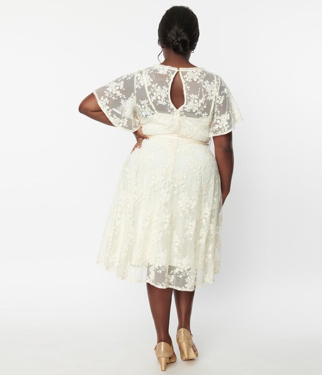 Unique Vintage Ivory Floral Lace Bridal Swing Dress, , alternate image number null