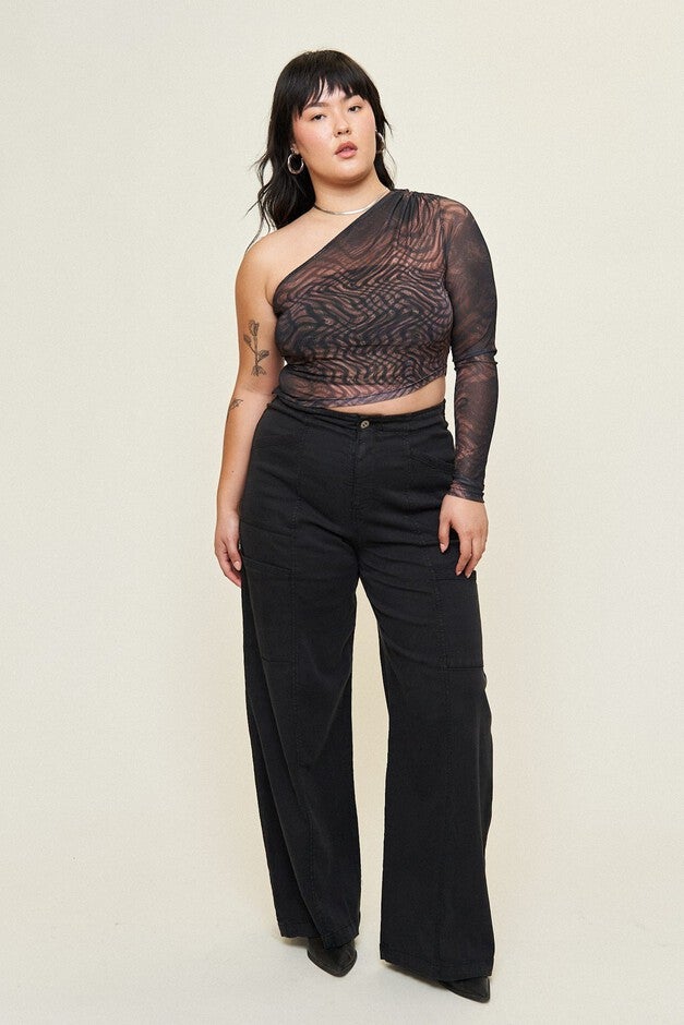 Kendall Mesh Asymmetrical Top, Distorted Plaid / Brown, hi-res image number 0