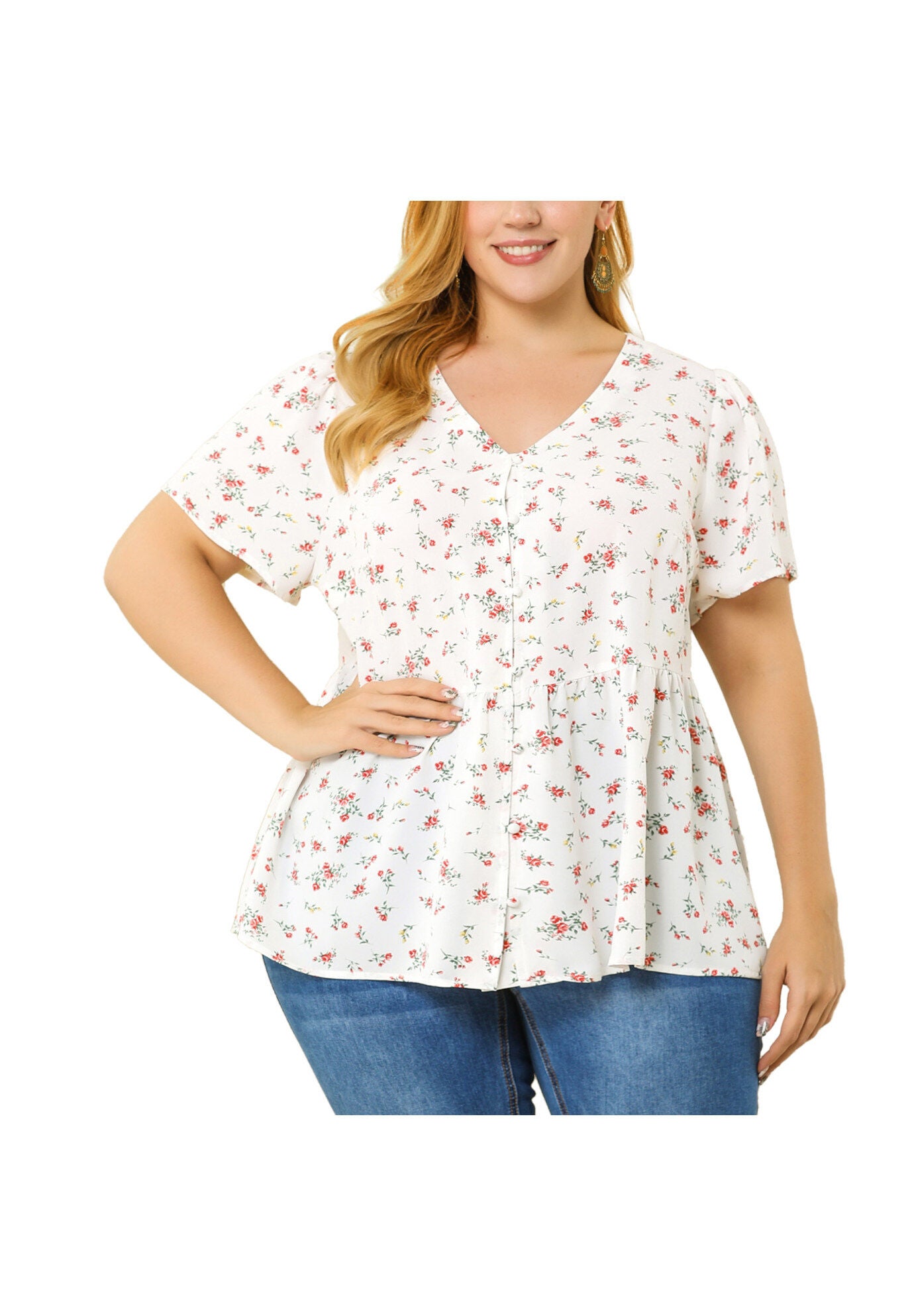 Chiffon Shirt V Neck Ruffle Short Sleeve Floral Peplum Top, White / White, alternate image number 1