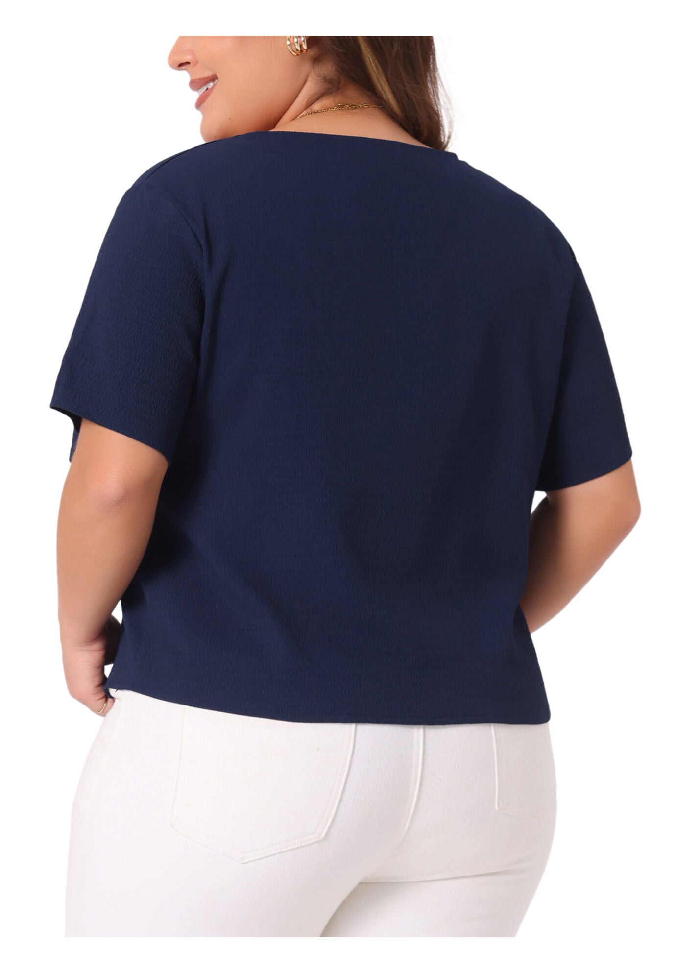 V Neck Short Sleeve Shirt with Split Hem, Navy Blue / Navy, alternate image number 1