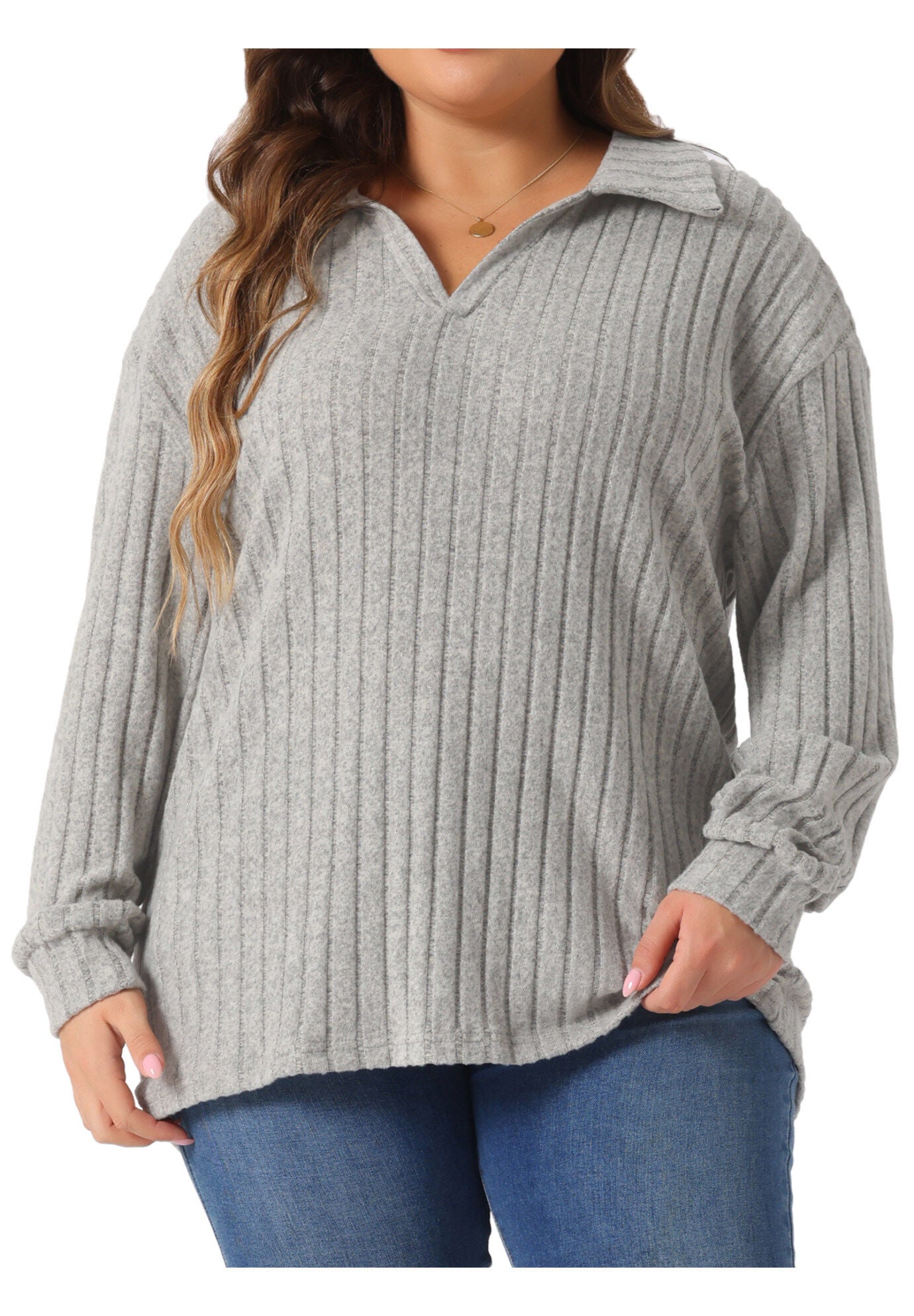 Loose Polo V Neck Long Sleeve Ribbed Knit Top, Grey / Cool Gray, alternate image number 2