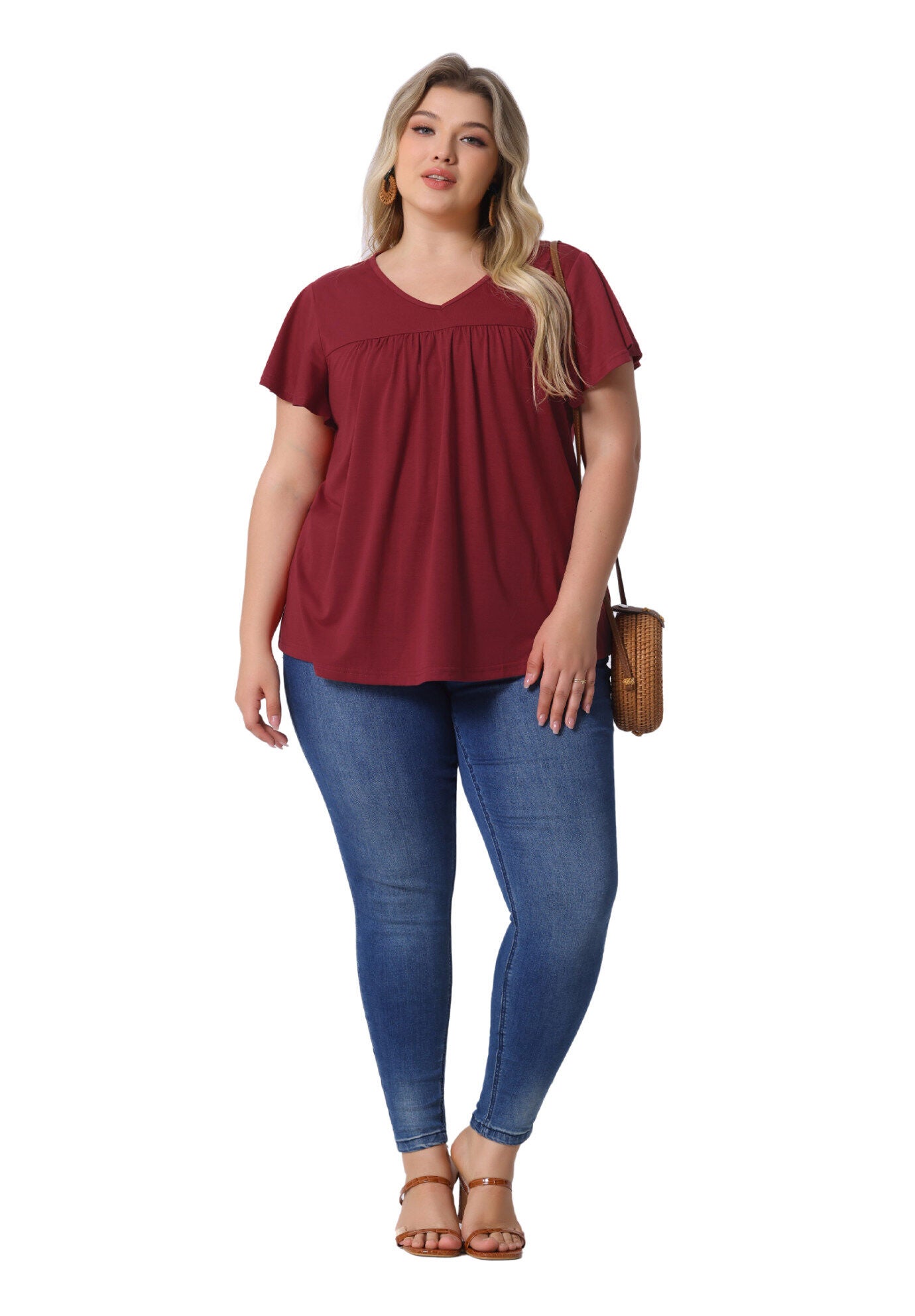 V Neck Ruffle Short Sleeve T-Shirt Tee Top, Burgundy / Burgundy, hi-res image number 0