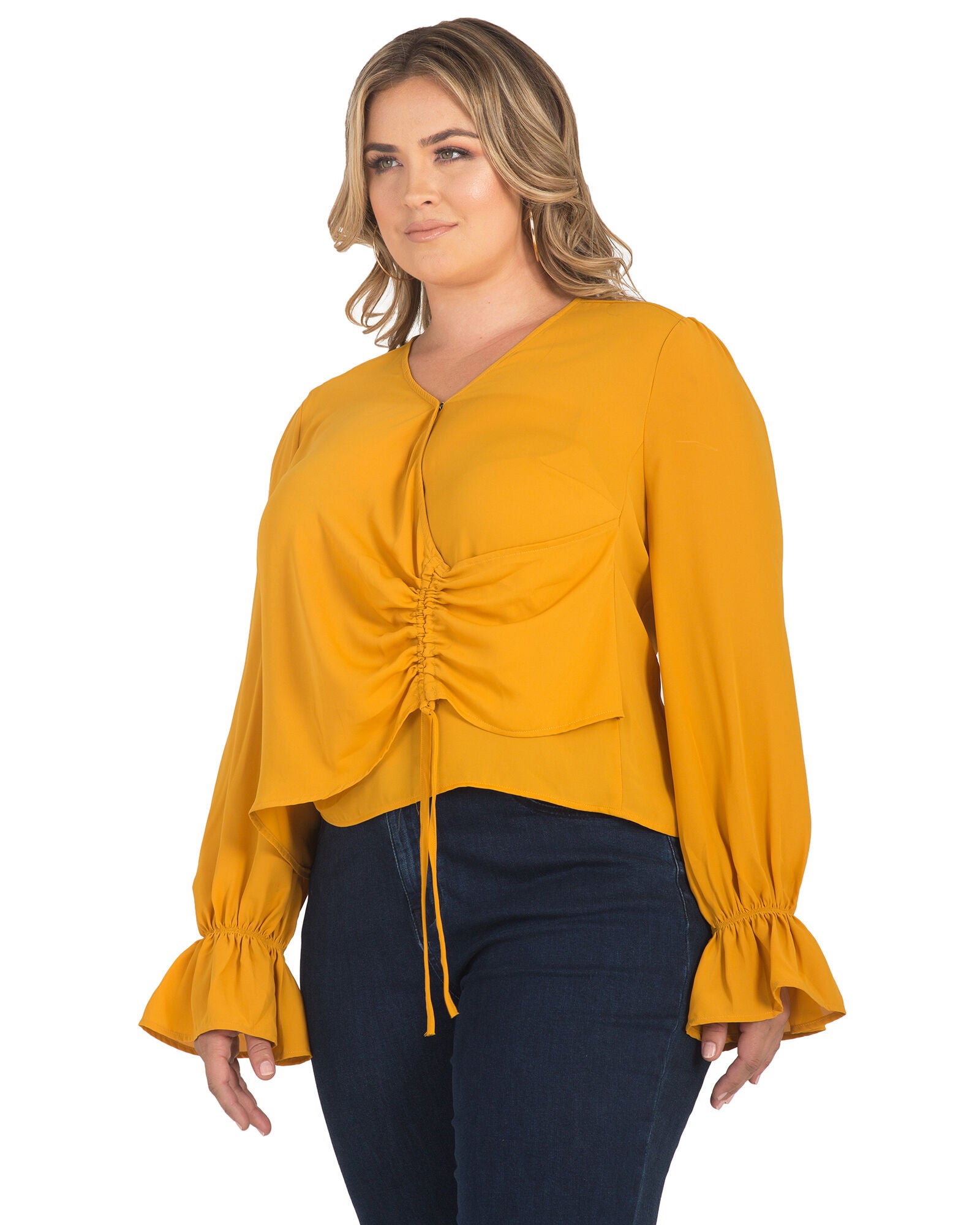 Plus Size Vera Tie Front Flute Sleeve Blouse, Ginger / Mustard, alternate image number 1