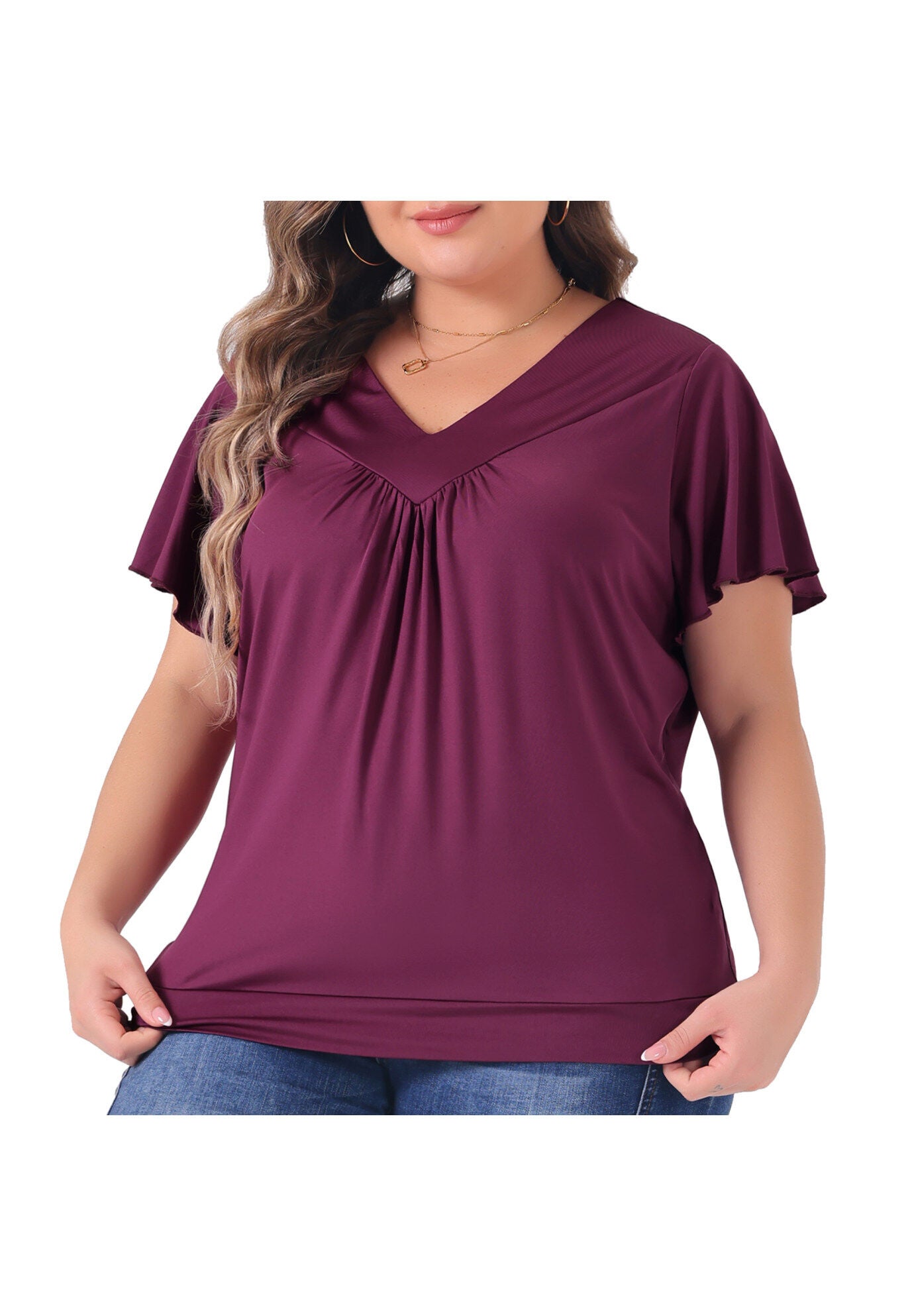 V Neck Ruffle Short Sleeve T-Shirt Top, Purple Red / Purple, alternate image number 1