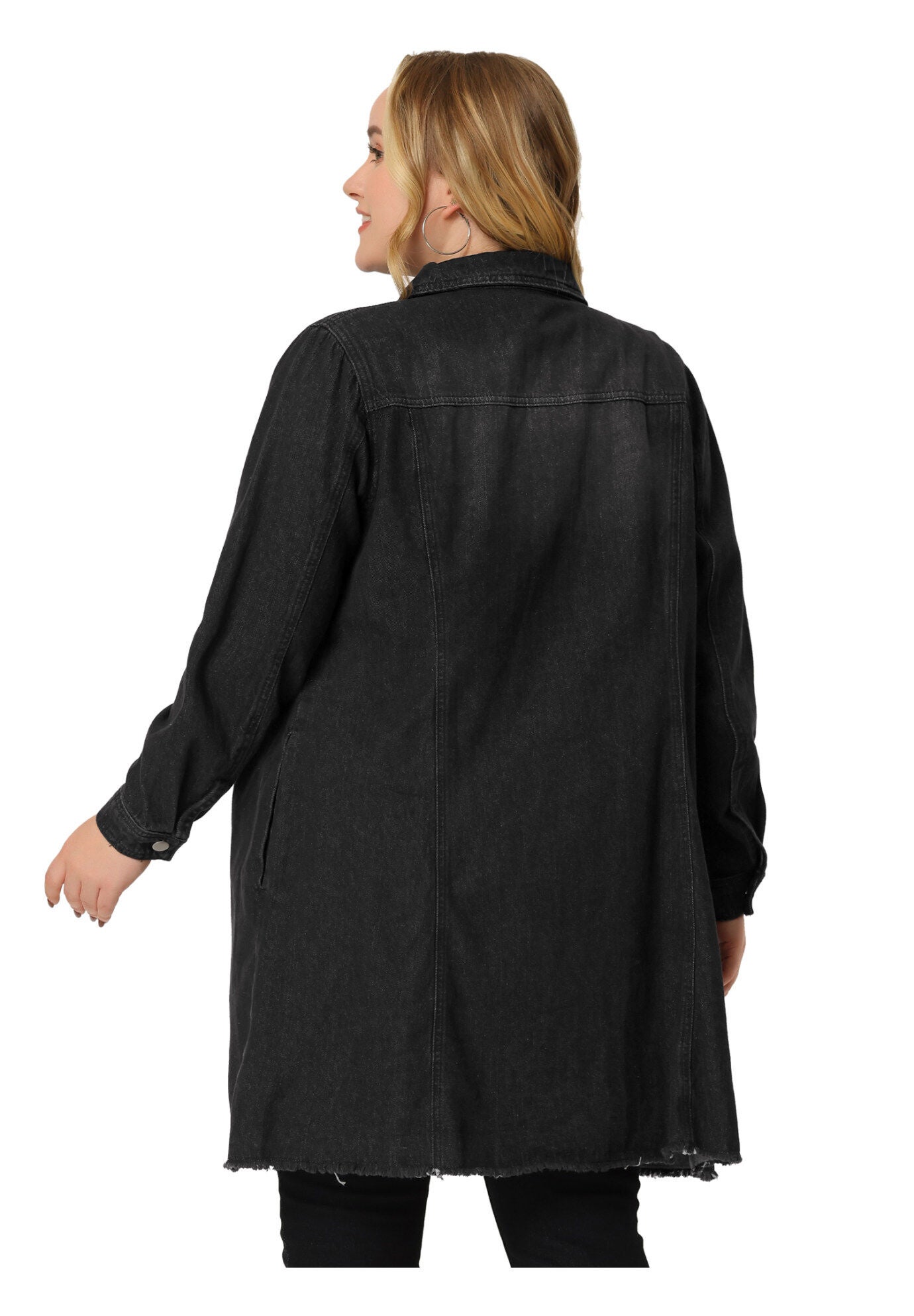 DISTRESSED BUTTON UP POCKET LONG DENIM JACKET, Black / Black, alternate image number 3