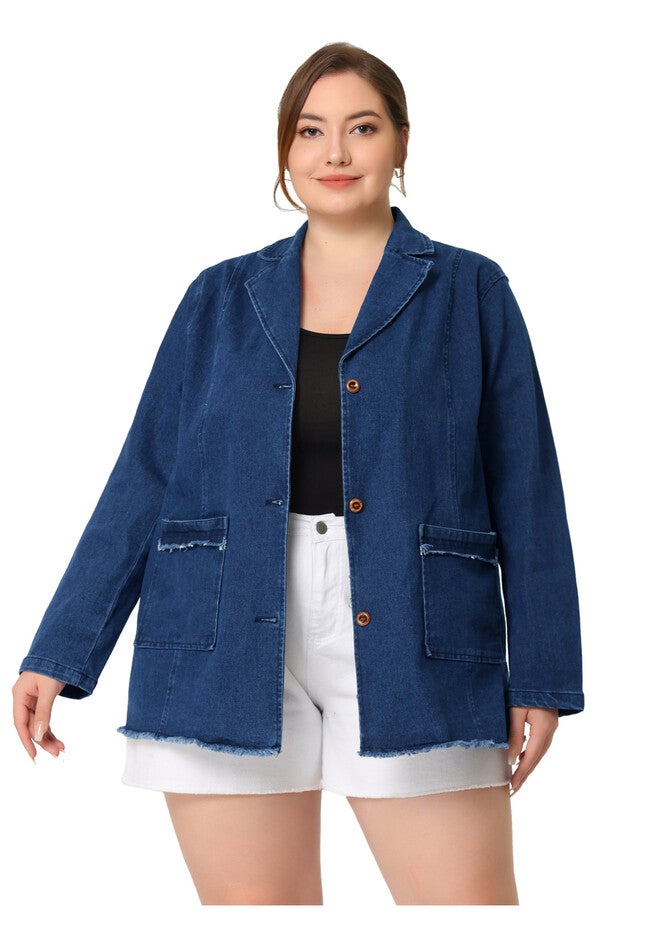Notched Lapel Button Raw Hem Denim Blazer Jacket, Dark Blue / Chambray Denim Medium, hi-res image number 0