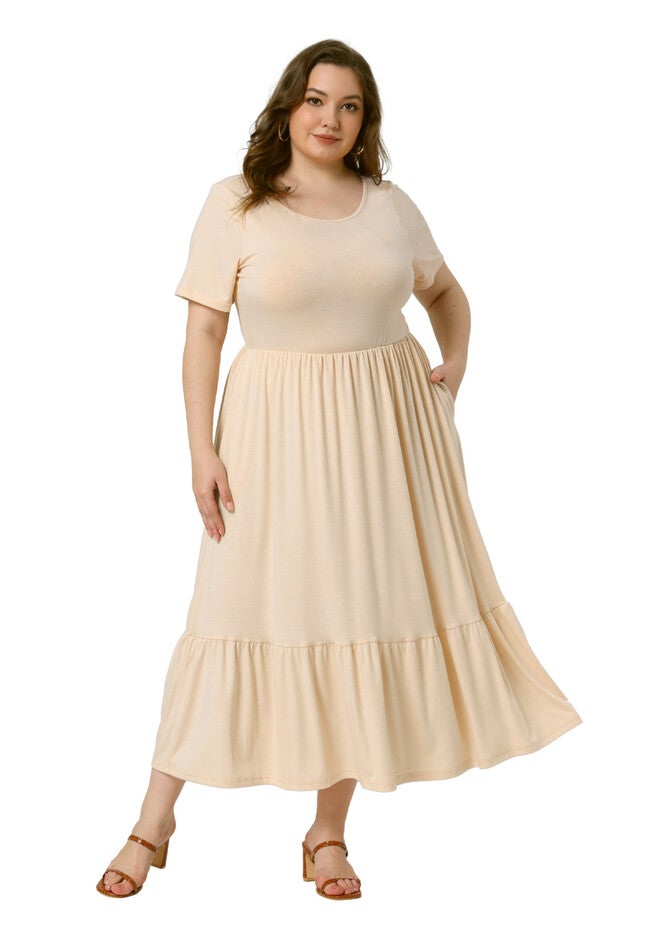 Short Sleeve Crew Neck Swing Flowy Summer Maxi Dress, Beige / Beige, hi-res image number null