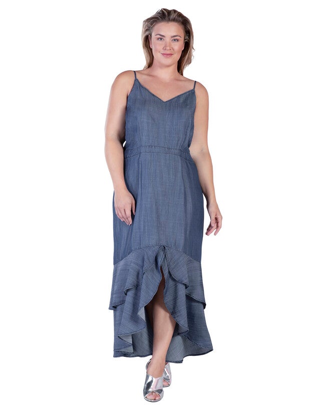 Strom Womens Plus Size Tencel High-Low Ruffle Hem Maxi Dress, INDIGORINSE / Navy, alternate image number null