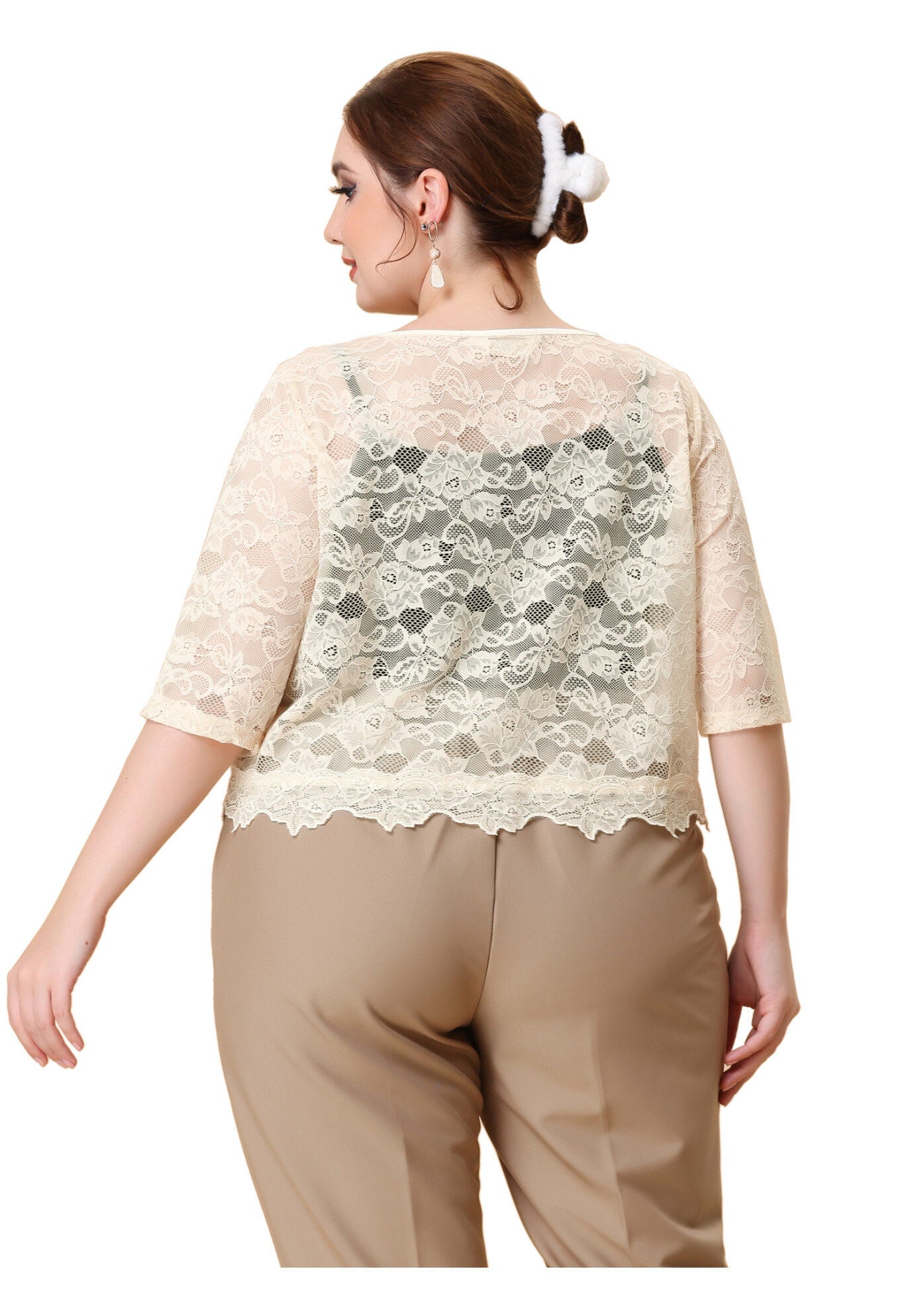 1/2 SLEEVE SHEER LACE BOLERO SHRUG, Beige / Beige, alternate image number 3