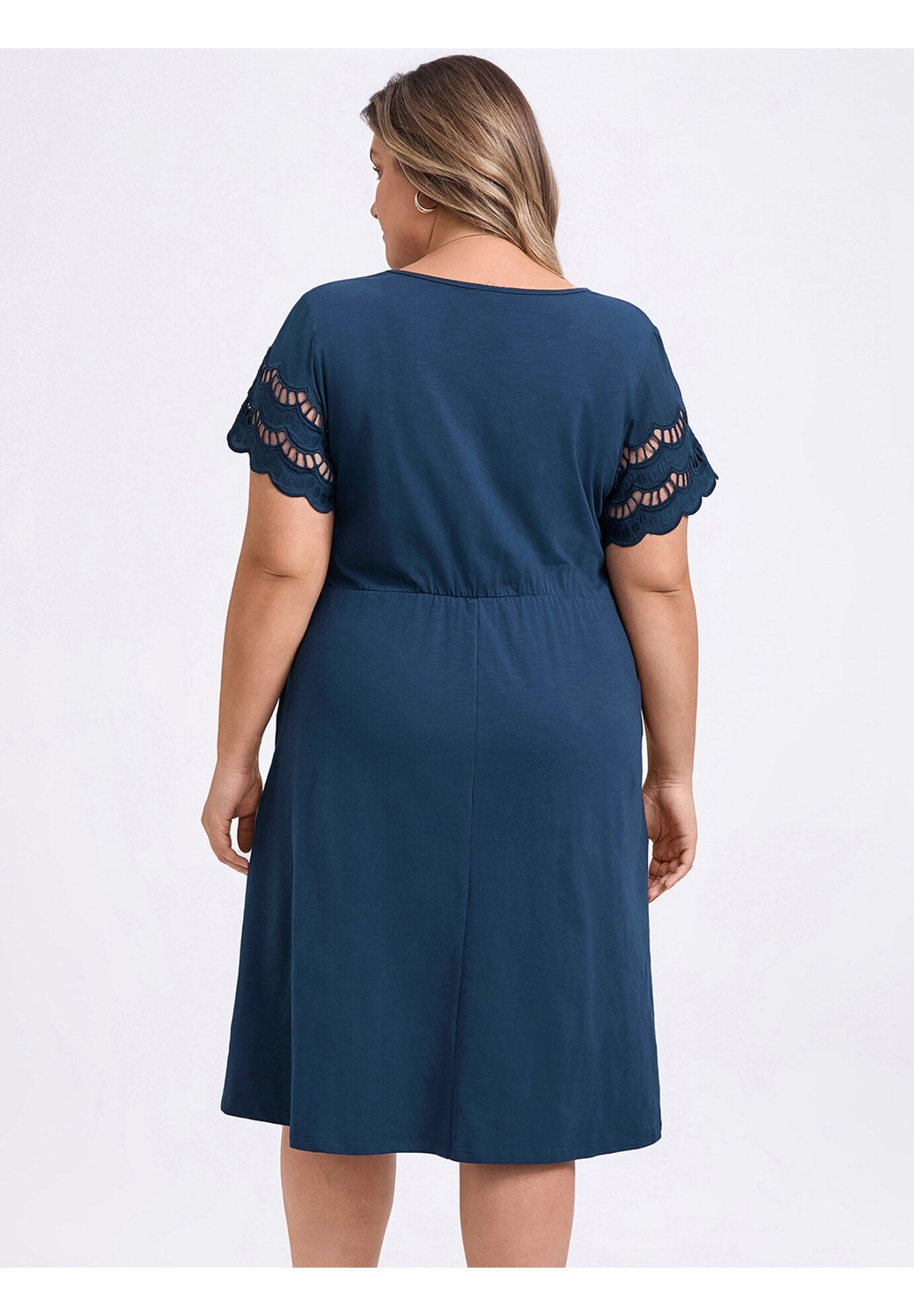 V Neck Embroidered Hollow Eyelet Short Sleeve Midi Casual Dress with Pockets, Navy Blue / Navy, alternate image number 2