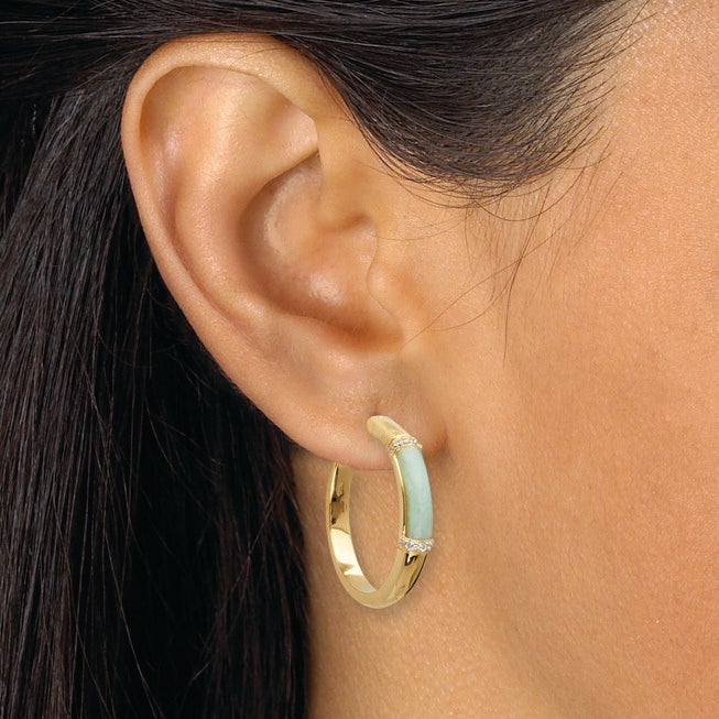 .18 TCW CZ Cabochon Cut Genuine Green Jade 18k Yellow Gold-plated Hoop Earrings, , alternate image number 5