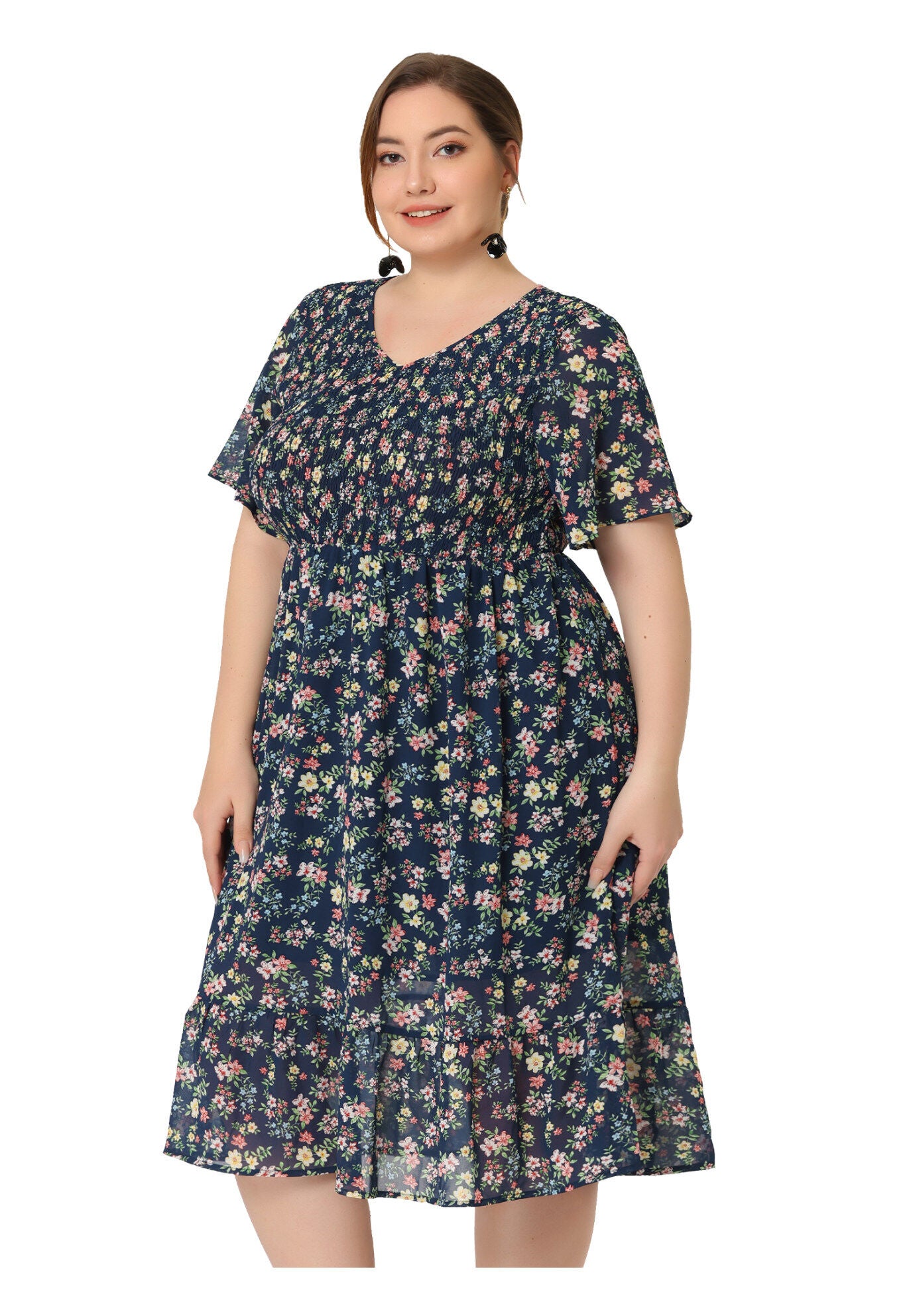 Flare Smock Ruffle Chiffon Floral Midi Dress, Blue / Navy, hi-res image number 0