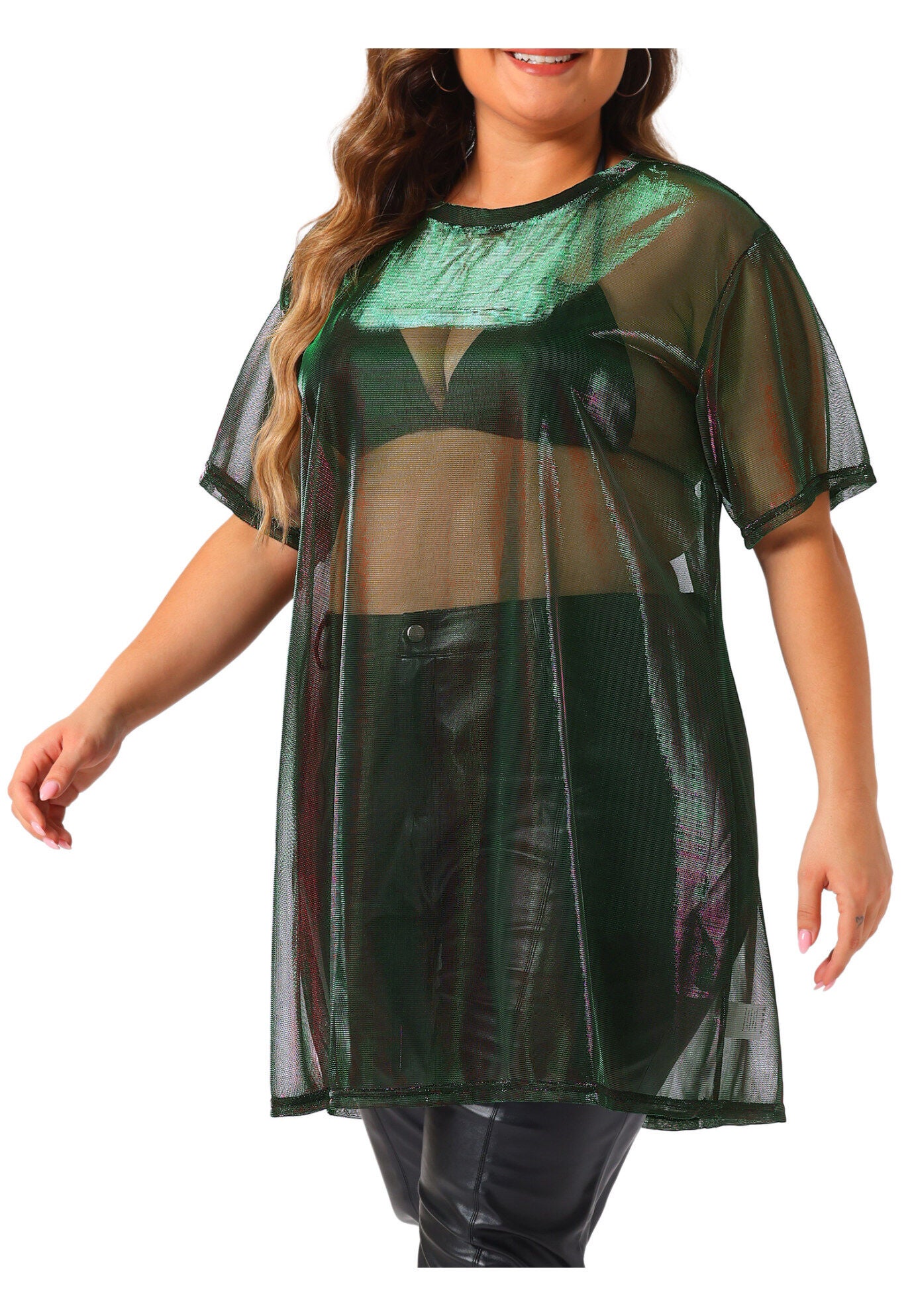 Sheer Mesh Top See Through Holographic Long Tee, Purple Green / Purple, alternate image number 2