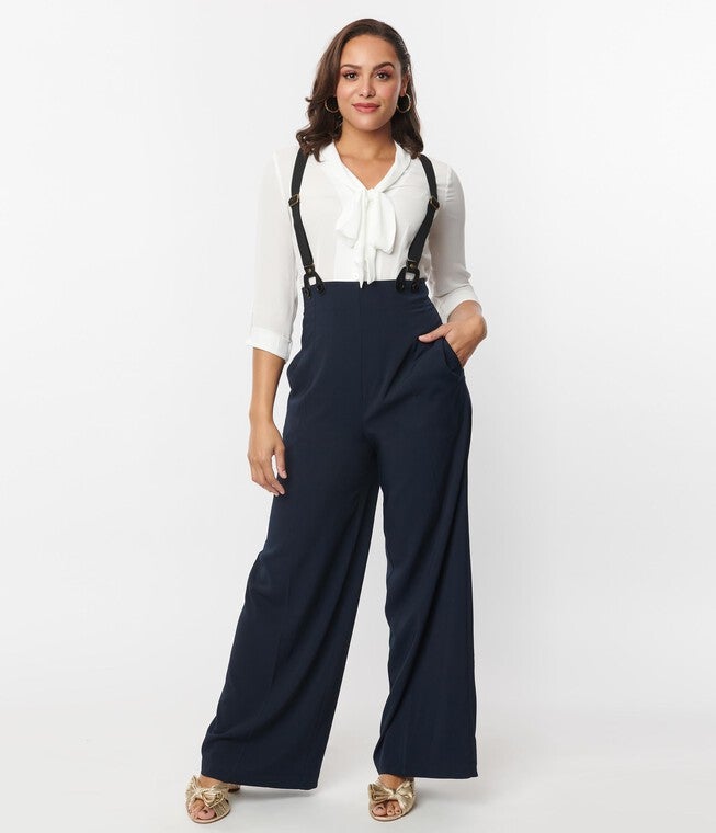 UNIQUE VINTAGE NAVY HIGH WAIST SUSPENDER PANTS | Dia & Co UNIQUE VINTAGE NAVY HIGH WAIST SUSPENDER PANTS | Dia & Co