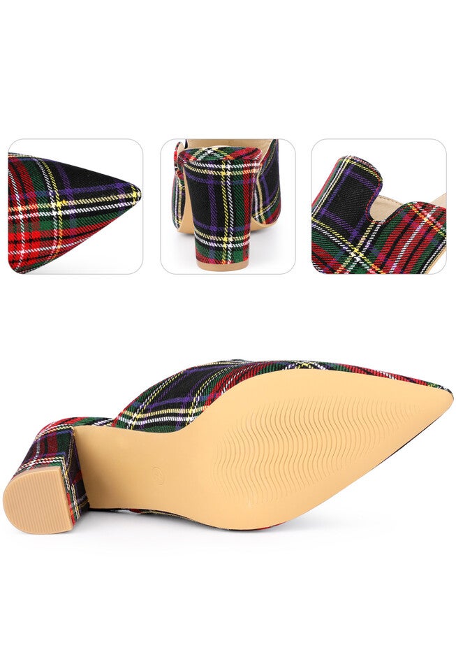 Pointed Toe Slip on Chunky Heels Houndstooth Slide Mules, Red Green / Red, alternate image number 1