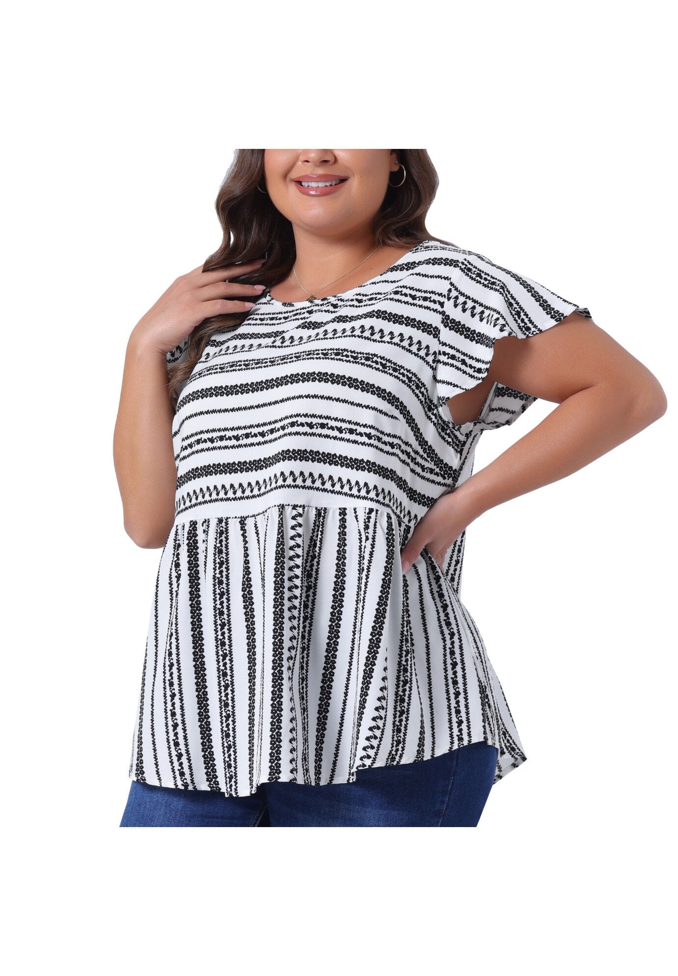 Boho Floral Printed Round Neck Ruffle Sleeve Blouse, White / White, alternate image number 1