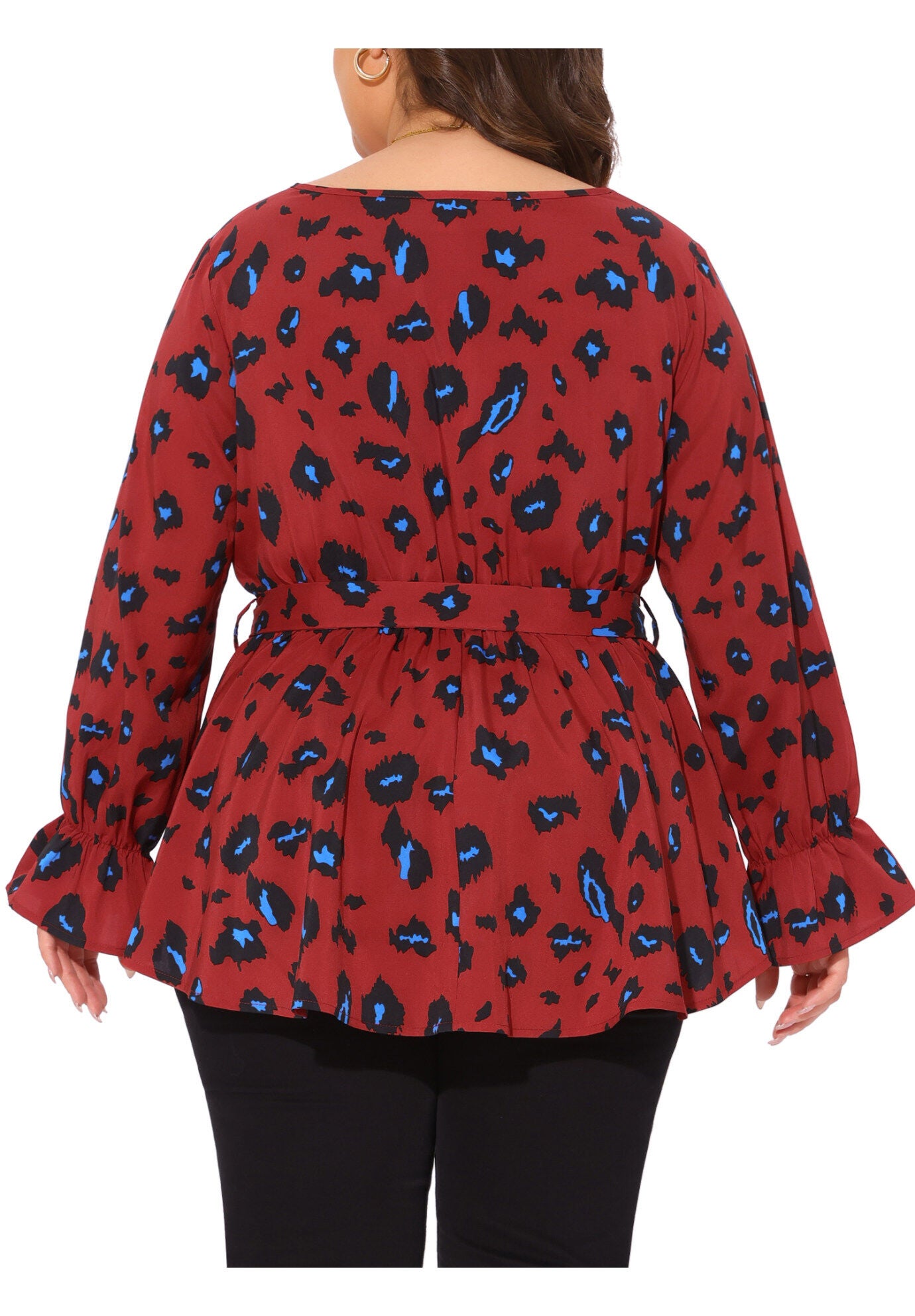Graphic Print Belted Long Sleeve Peplum Blouse, Red / Red, alternate image number 3