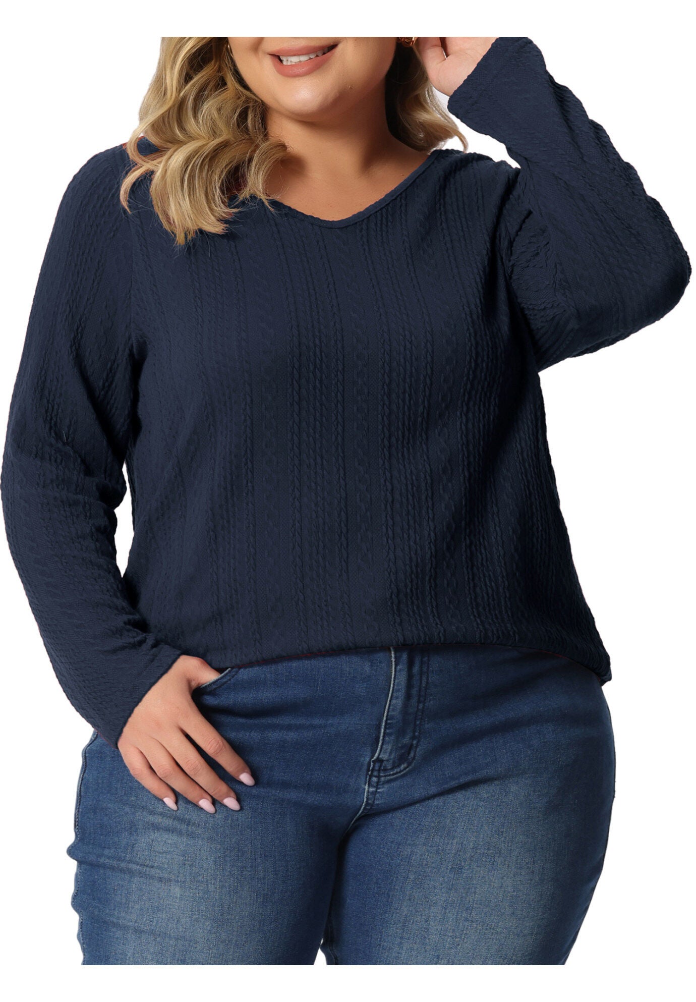 V Neck Long Sleeve Basic Knit Top Tee T-Shirt, Navy Blue / Navy, alternate image number 1