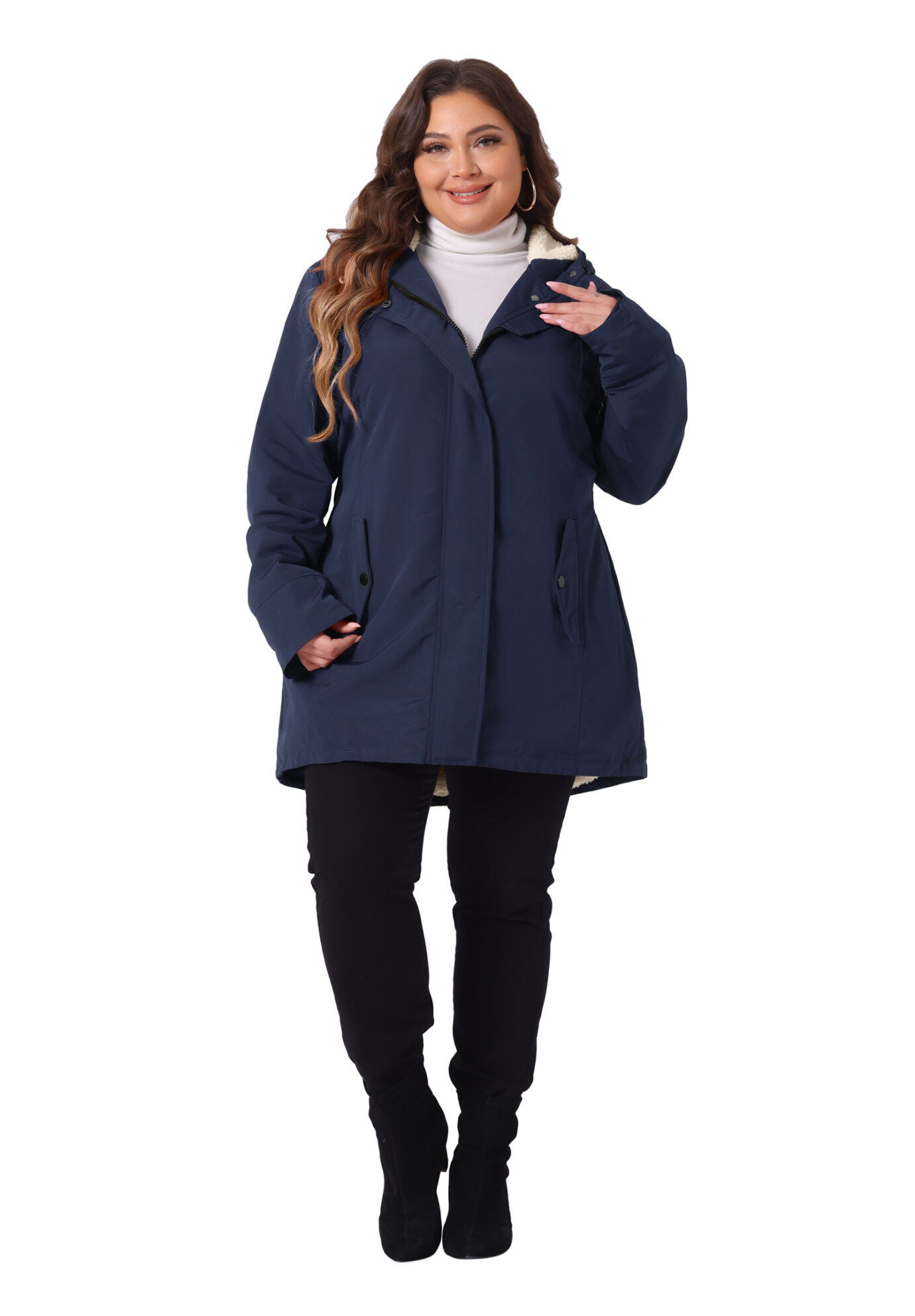 Faux Lamb Fur Leather Button Down Hoodie Parka Coat, Dark Blue / Navy, hi-res image number 0