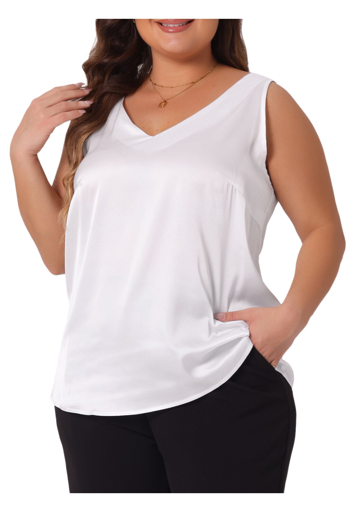 Satin Tank Top V Neck Casual Sleeveless Cami, White / White, alternate image number 2