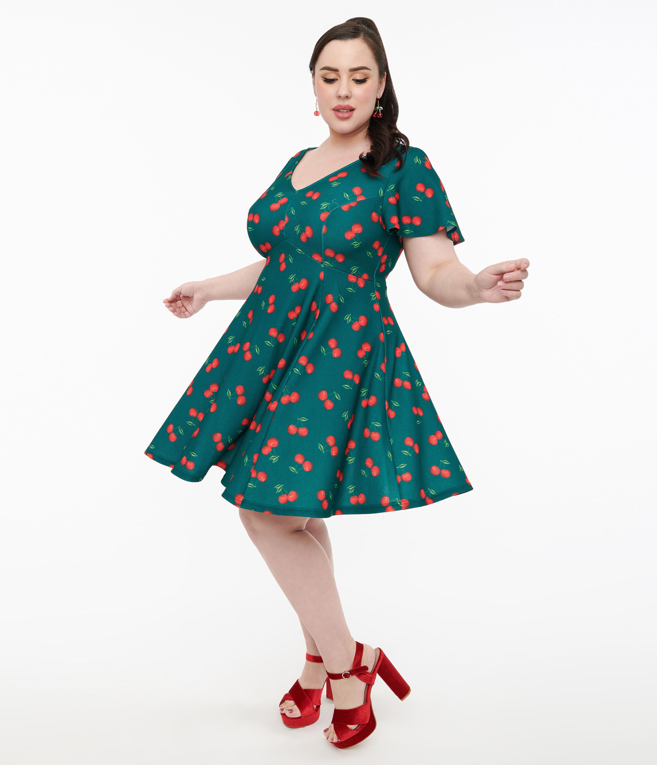 Unique Vintage 1950s Emerald & Cherry Print Poppy Flare Dress, Green cherry print / Forest Green, alternate image number 2