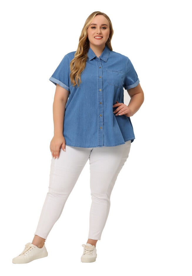 Roll Sleeve Chambray Button Down Denim Shirt, Blue / Chambray Denim Medium, hi-res image number null