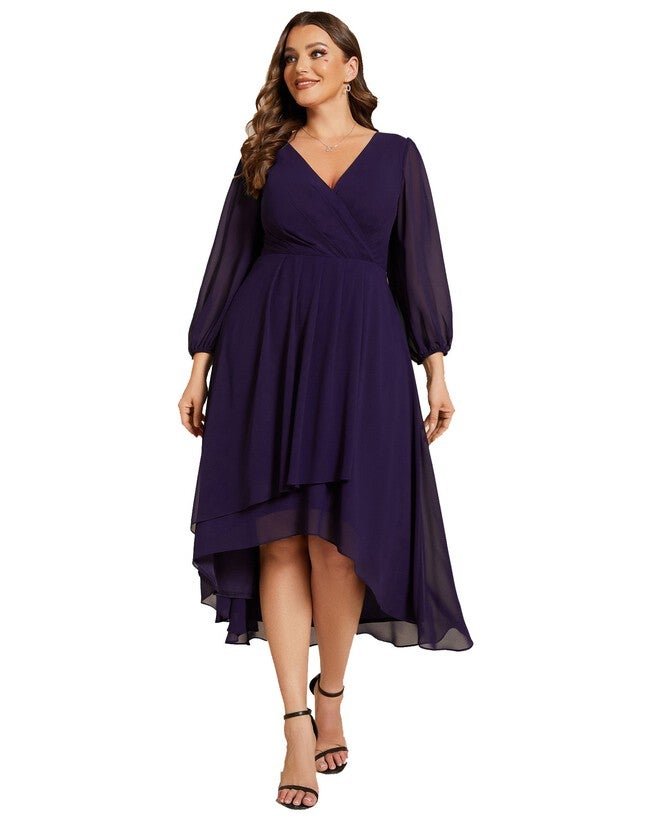 Long Sleeves Asymmetrical Hem A-Line Midi Wedding Guest Dress, , alternate image number 9