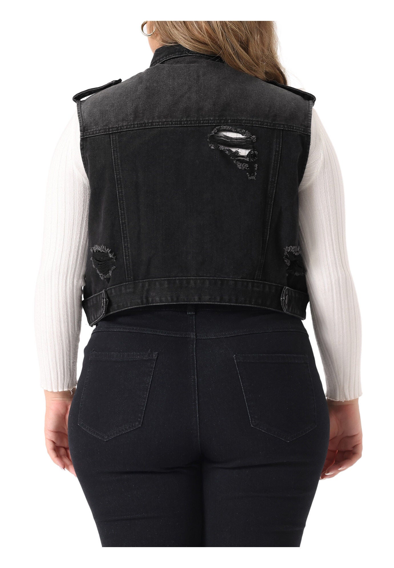 SLEEVELESS BUTTON JEAN CROP DENIM VEST, Black / Black, alternate image number 3