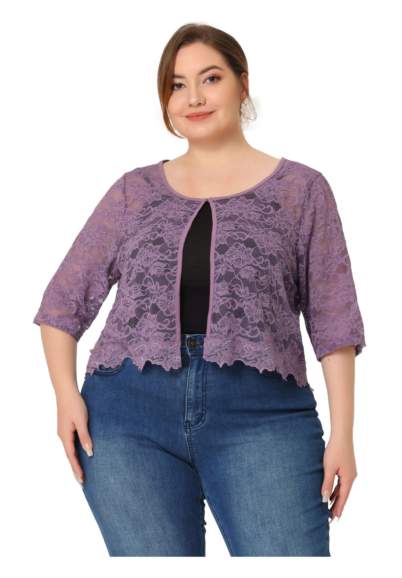 1/2 SLEEVE SHEER LACE BOLERO SHRUG, Purple / Purple, hi-res image number 0