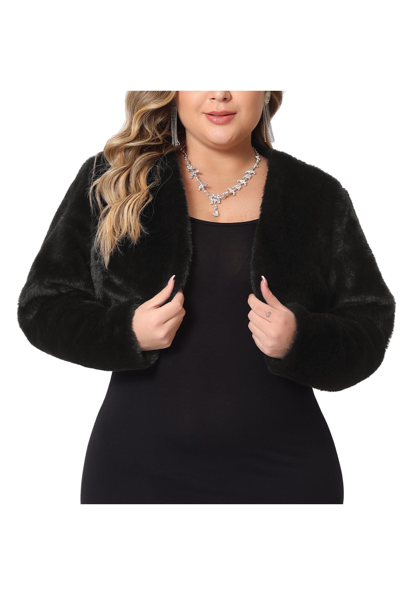 OPEN FRONT FAUX FUR BOLERO CROP JACKET, Black / Black, alternate image number 2
