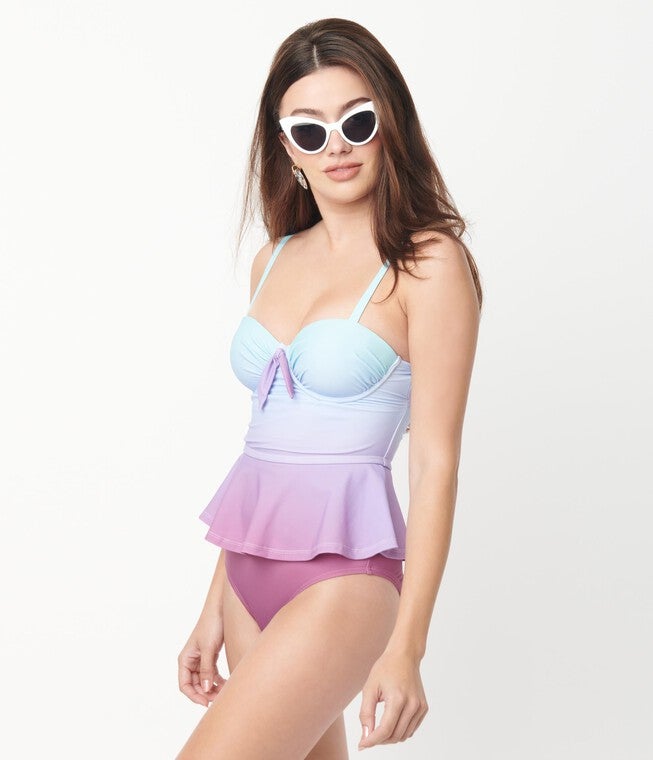 Unique Vintage Blue & Purple Ombre Peplum Solana Tankini Swim Top, , alternate image number null