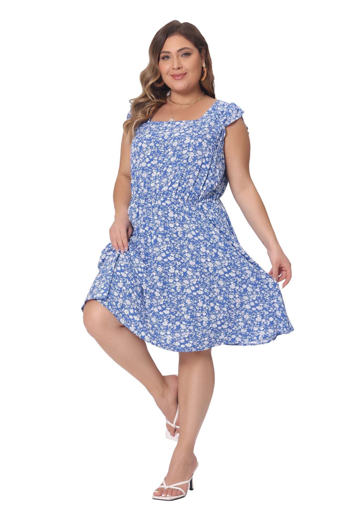 Summer Square Neck Ruffle Short Sleeve Midi Dress, Blue / Cornflower Blue, hi-res image number 0