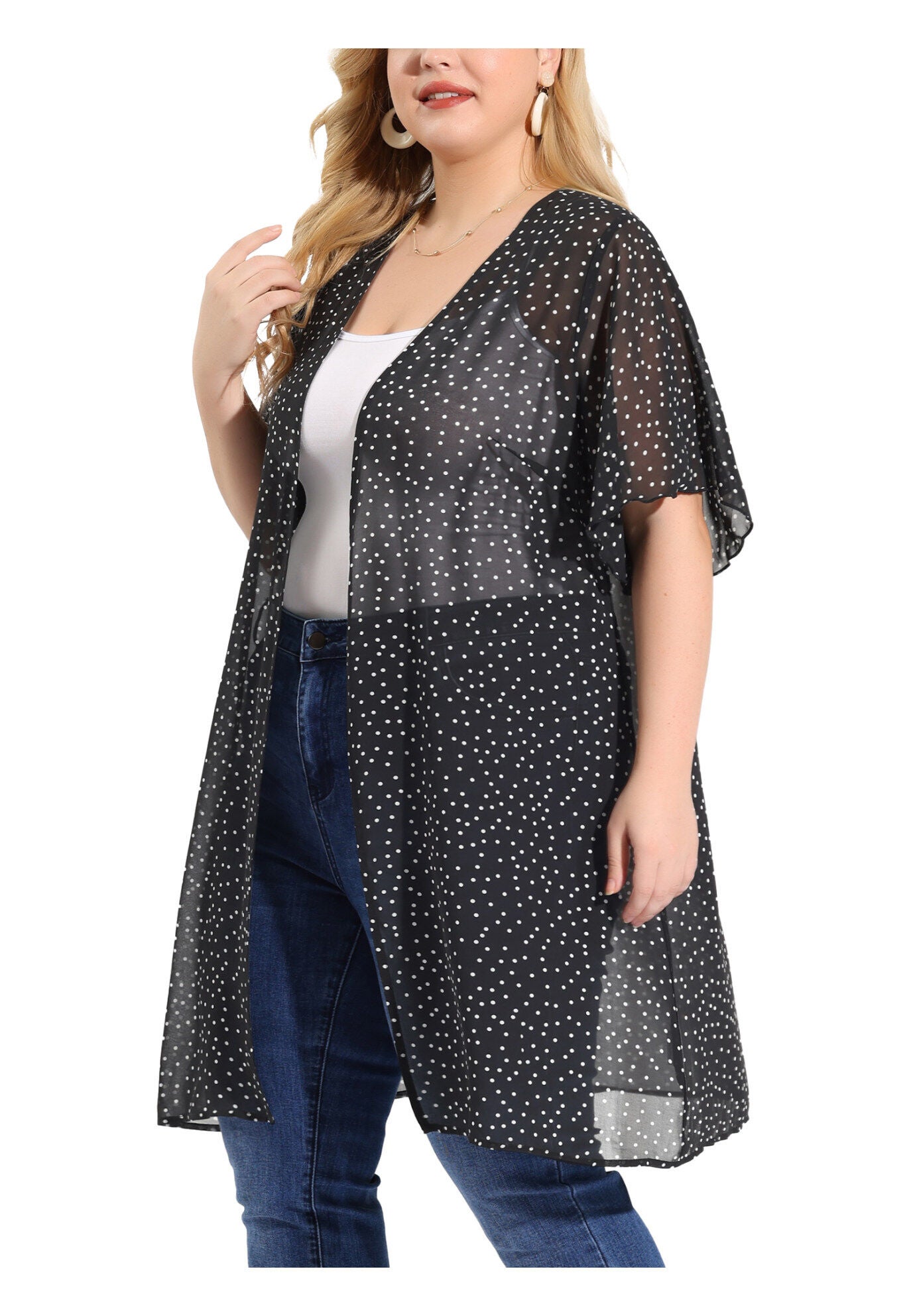 SHORT SLEEVE BIKINI POLKA DOTS KIMONO COVER UP, Black / Black, alternate image number 1