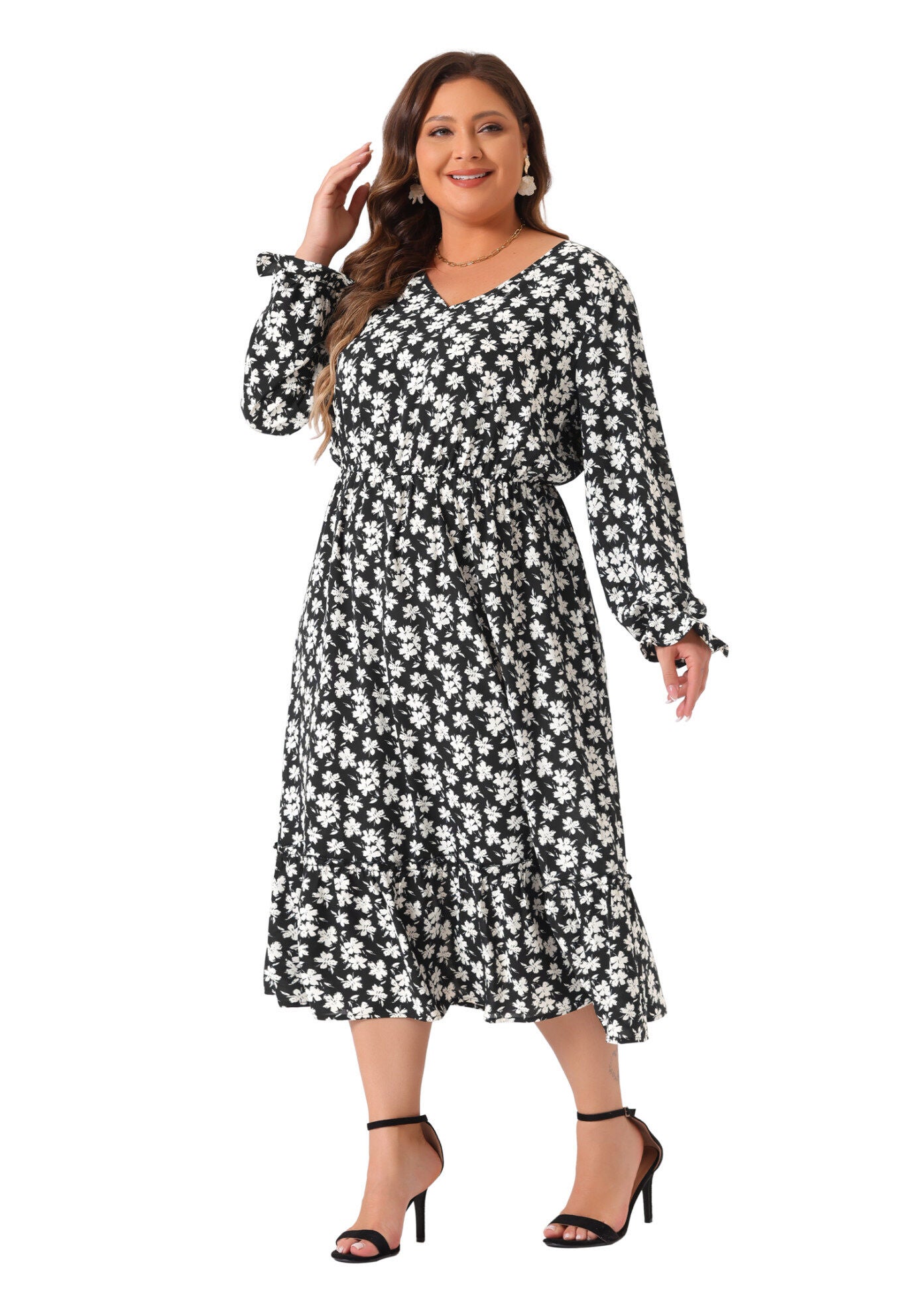 Boho Floral Print V Neck Long Sleeve Ruffle Hem Long Maxi Dress, Black / Black, hi-res image number 0