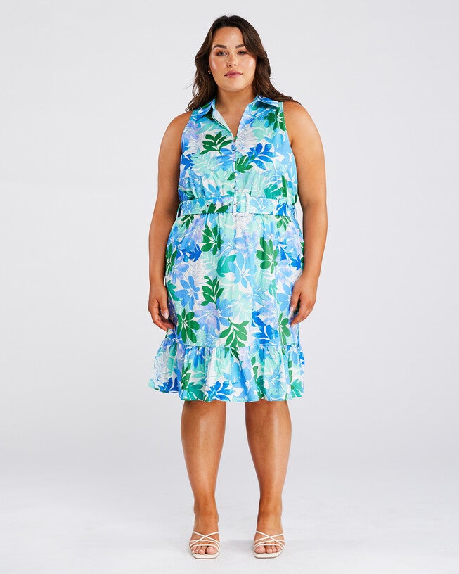 Travola Blue Collared Dress, Print / Azure Blue, alternate image number 1