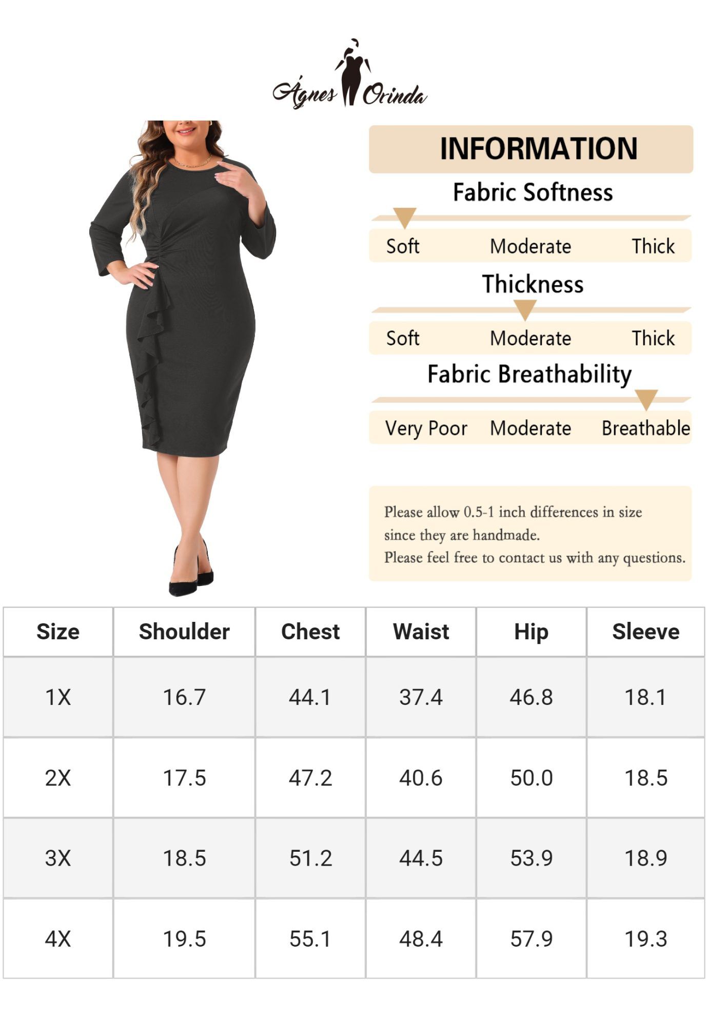 3/4 Sleeve Ruffle Midi Pencil Bodycon Cocktail Dress, Black / Black, alternate image number 4