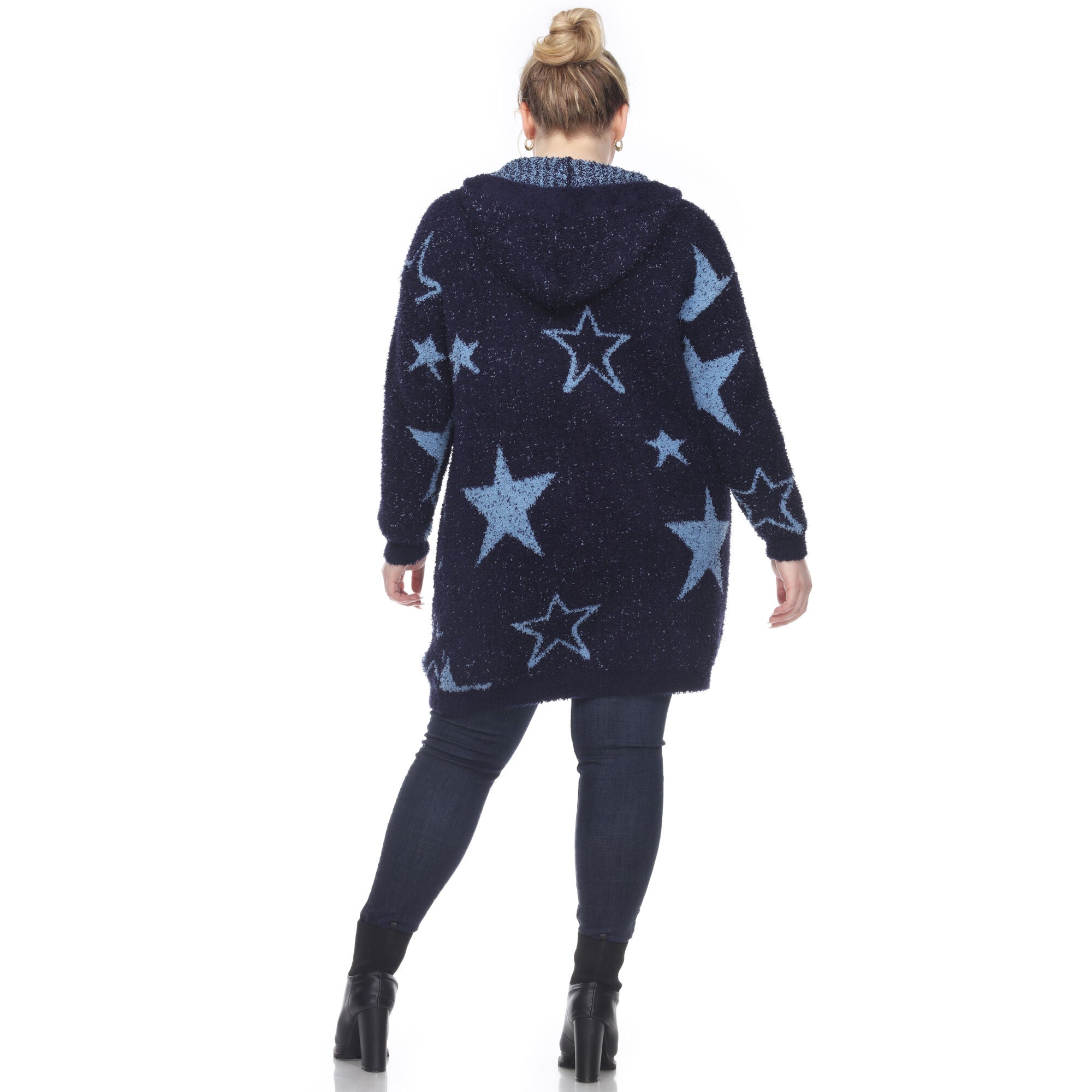 Hooded Open Front Sherpa Coat, NavyLight Blue Stars / Navy, alternate image number 2