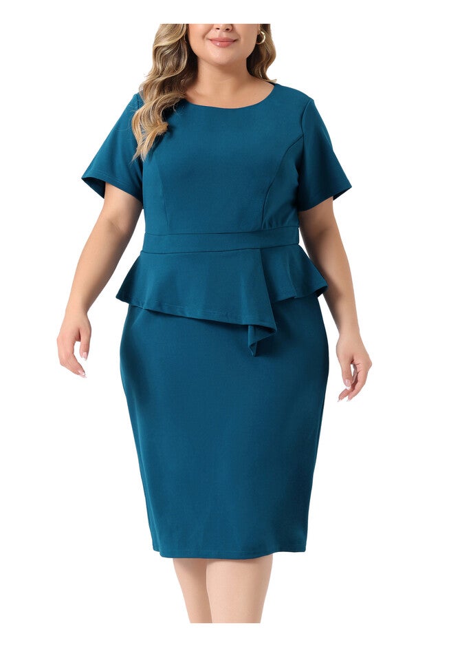 Short Sleeves Crew Neck Office Peplum Pencil Dress, Lake Blue / Light Blue, alternate image number 1