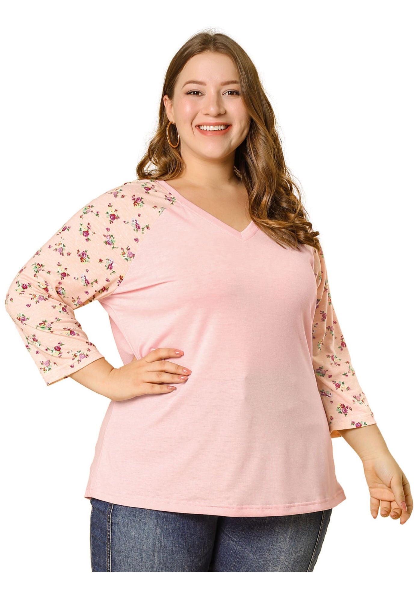 Casual V Neck 3/4 Sleeve Floral Raglan Top, Pink / Pink, alternate image number 2