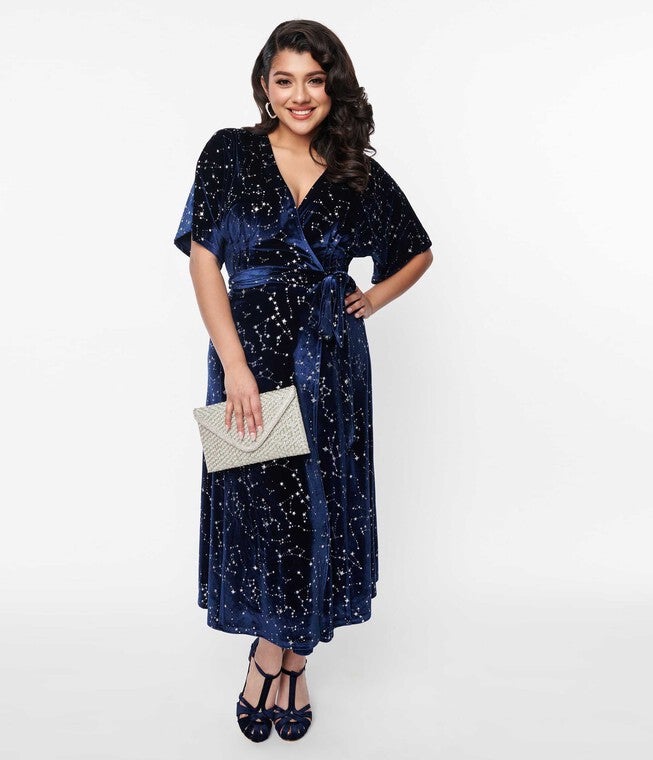Unique Vintage Navy & Silver Stars Velvet Wrap Midi Dress, Navy Silver Stars / Navy, alternate image number 4
