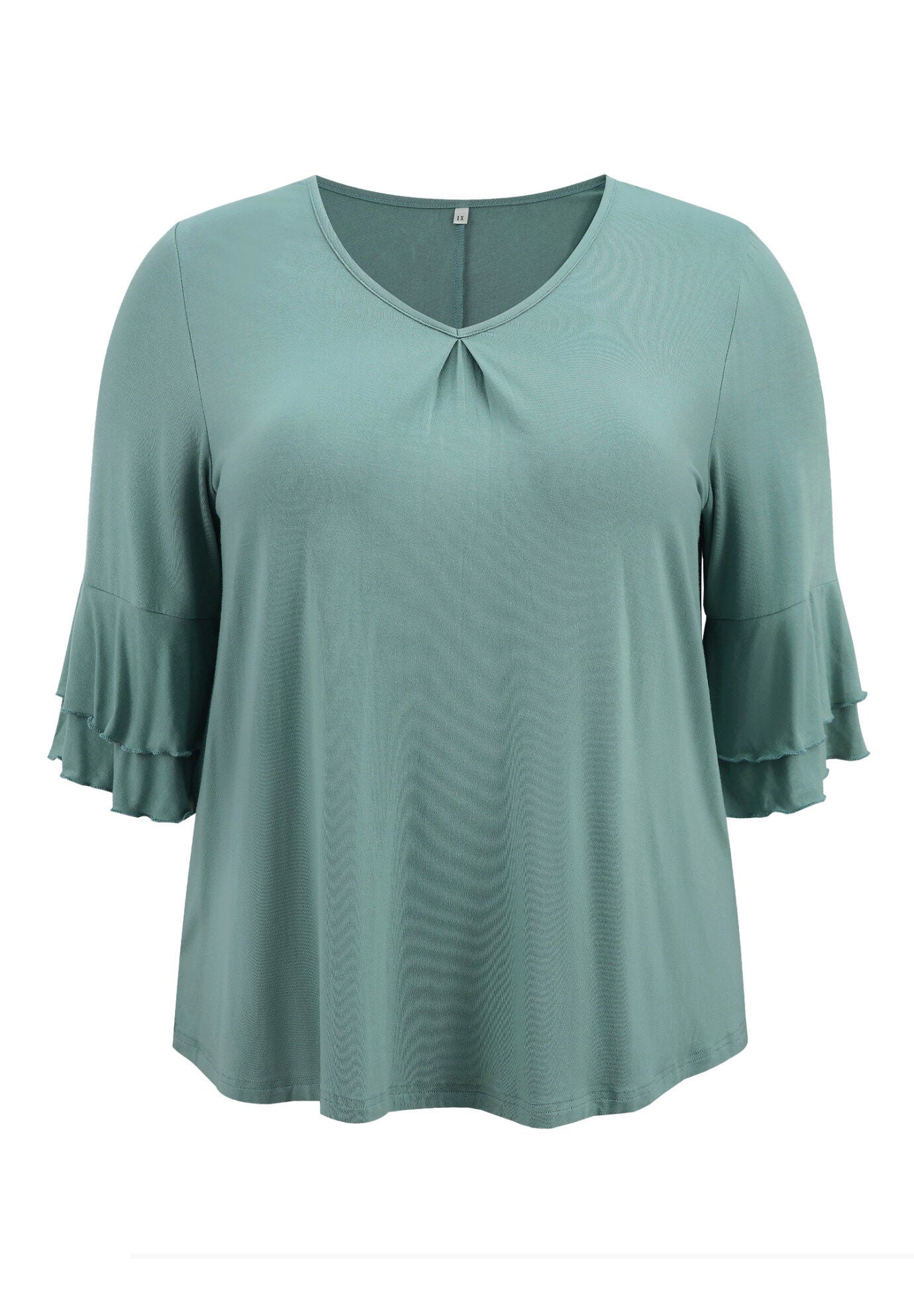 V Neck Double Layered Ruffle 3/4 Sleeve Pleated Front Blouse, Green / Sage Green, alternate image number 3